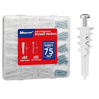 Self Drilling Drywall Anchors with Screws Kit 120 Pcs, No Pre Drill Required, Heavy Duty Holds Up to 75 LB, #8 x 1-1/4, for Sheetrock Shelves and Mirrors