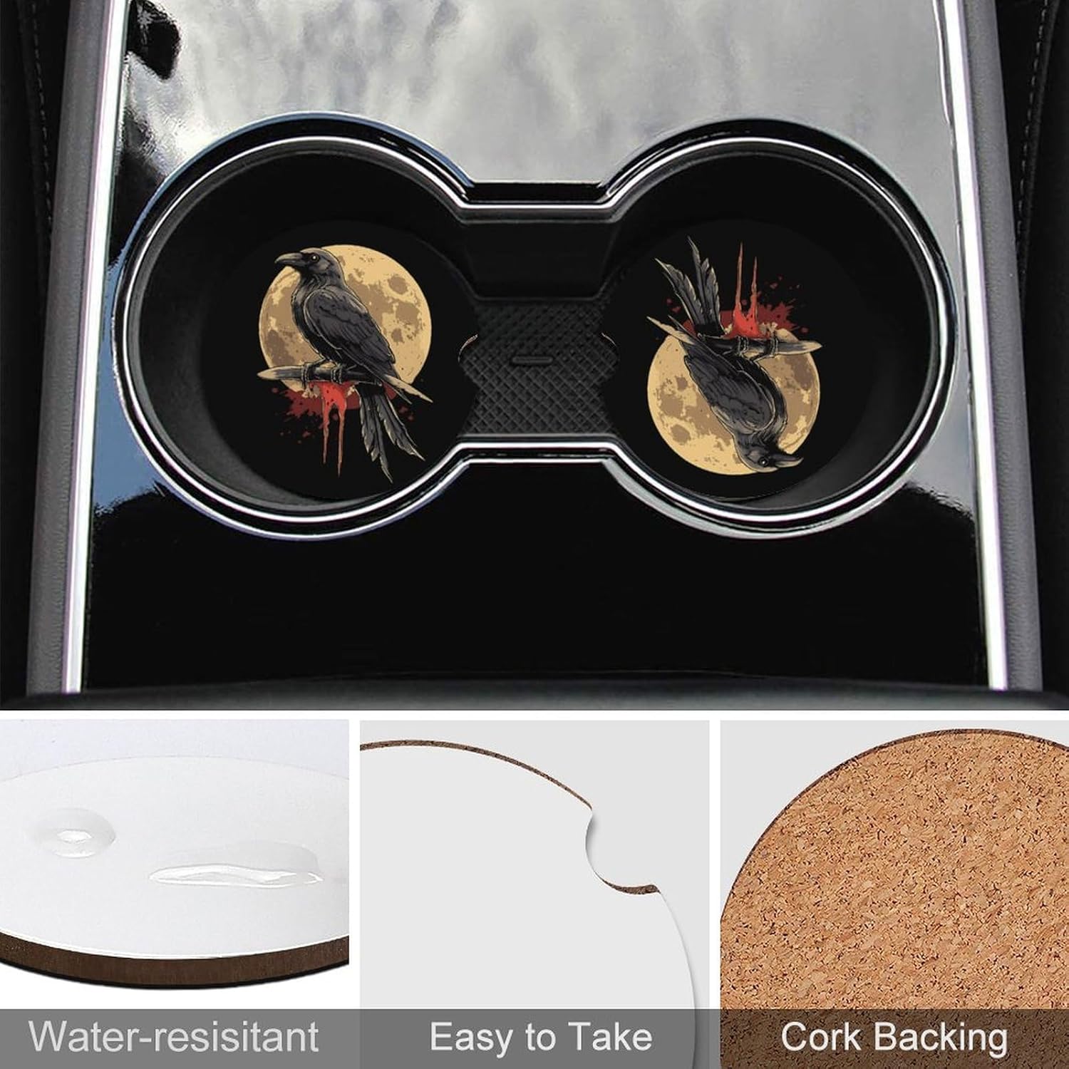 Cow Moon Cute Car Coasters 2.56 Inch Absorbent Cup Holder for Drinks Auto Interior Accessories