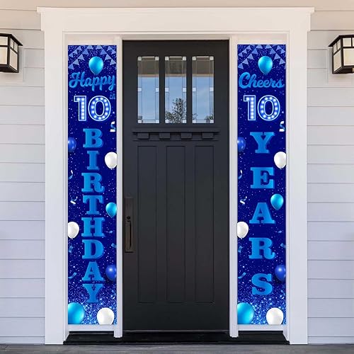 Miniatura 1 de Cartel de feliz cumpleaños número 10 color azul y negro, decoración temática de globos de confeti para niñas de 10 años, suministros de cumpleaños,