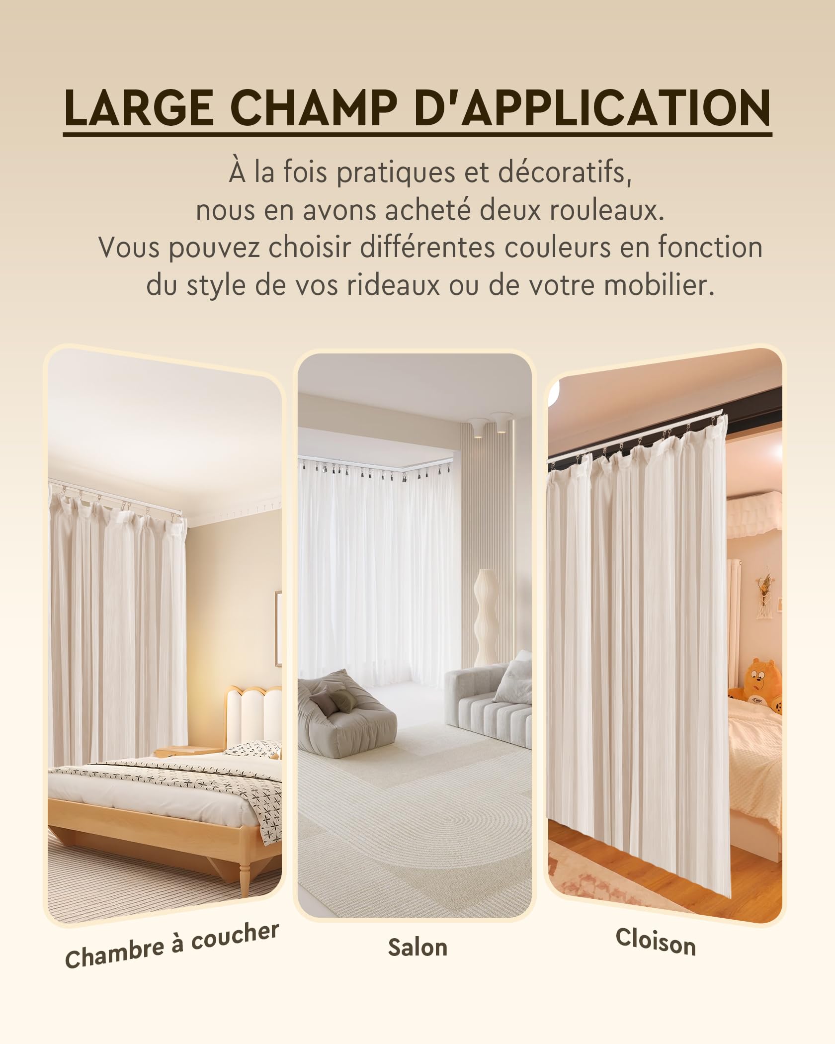 Rail à rideaux 2.5 m en aluminium, tringle à rideaux à un rail, blanc, montage au plafond, système de rails à rideaux pour cloisons, balcons, intimité (2 rails)