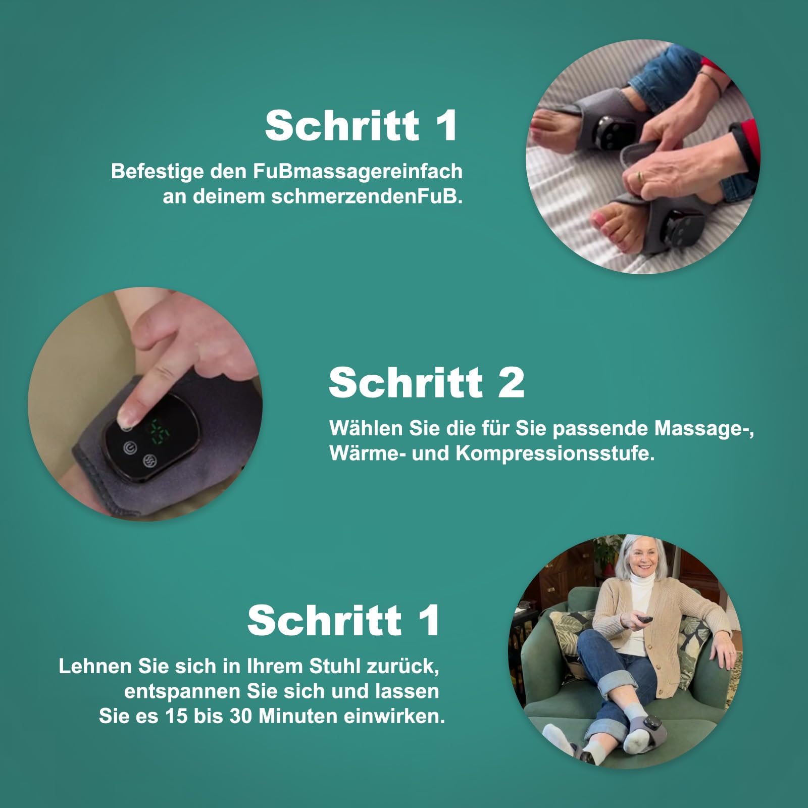 Fussmassagegerät elektrisch testsieger, 3-In-1-Fußmassager, Neuropathie Fussmassage, Portable Cordless Ankle Massagers with 3 Vibration Modes & 5 Heat Settings (Grau)
