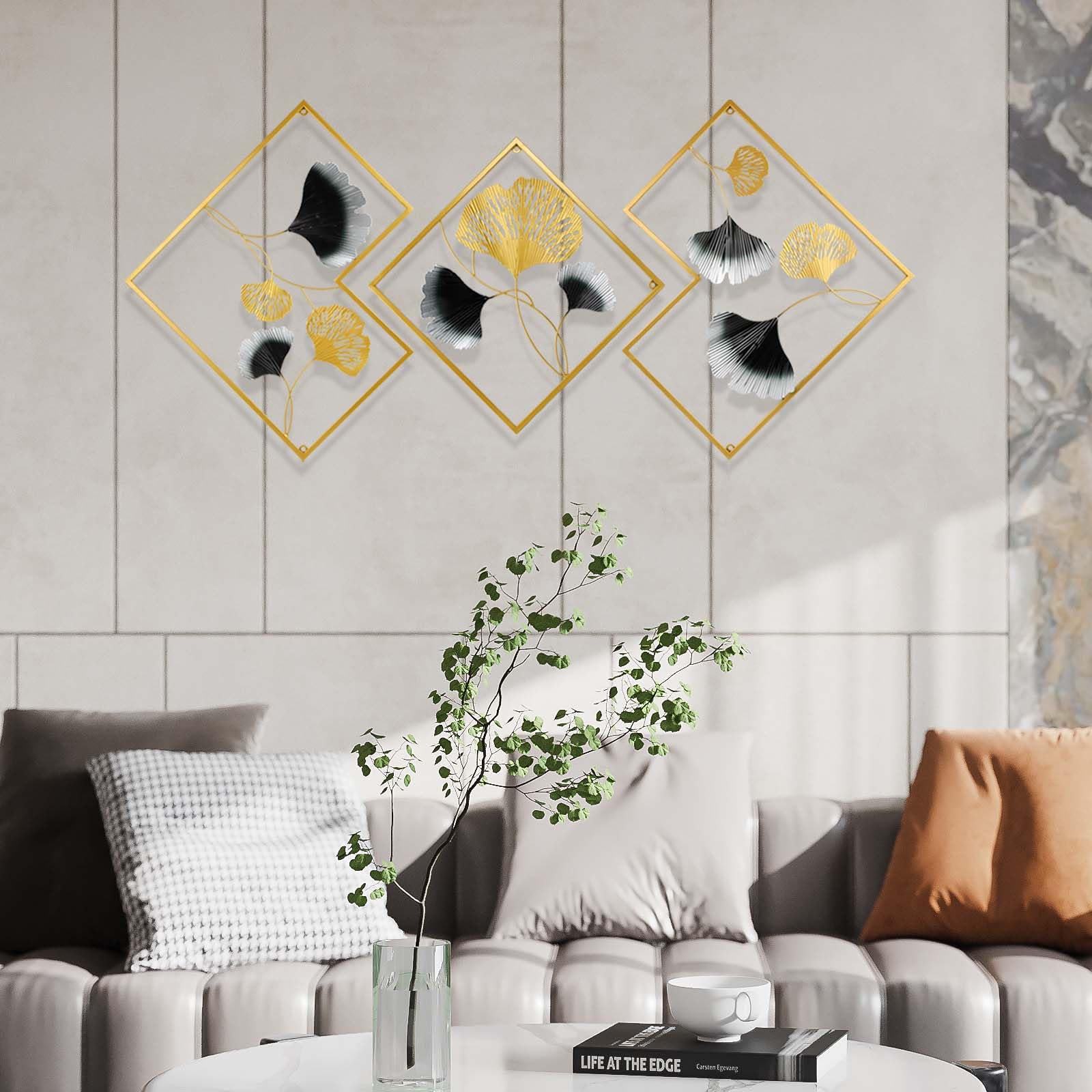Dokeno Esculturas de Pared de Metal, Decoración de Pared de Hoja de Ginkgo 3D, Moderna Esculturas de Pared Colgante, 3D Arte de la Pared Dorada para Decoración de Casa, Oficina, Sala de Estar, Hotel