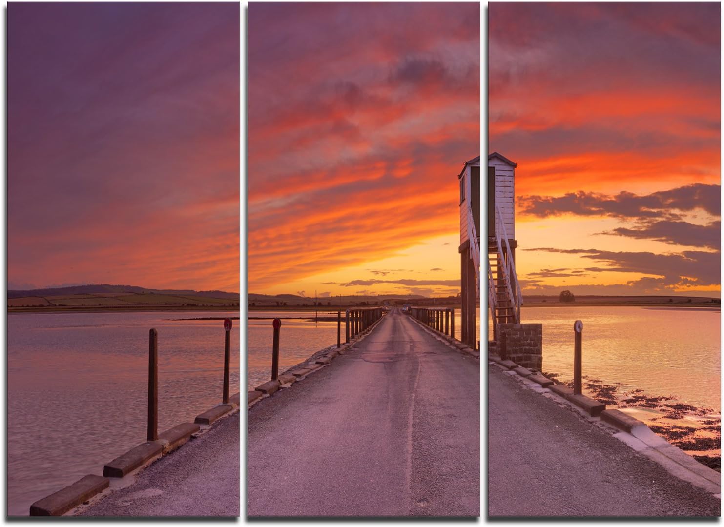 Designart Holy Island of Lindisfarne Panorama-Wooden Sea Bridge Canvas Wall Art-36x28in-Multipanel 3 Piece, 28'' H x 36'' W x 1'' D 3P