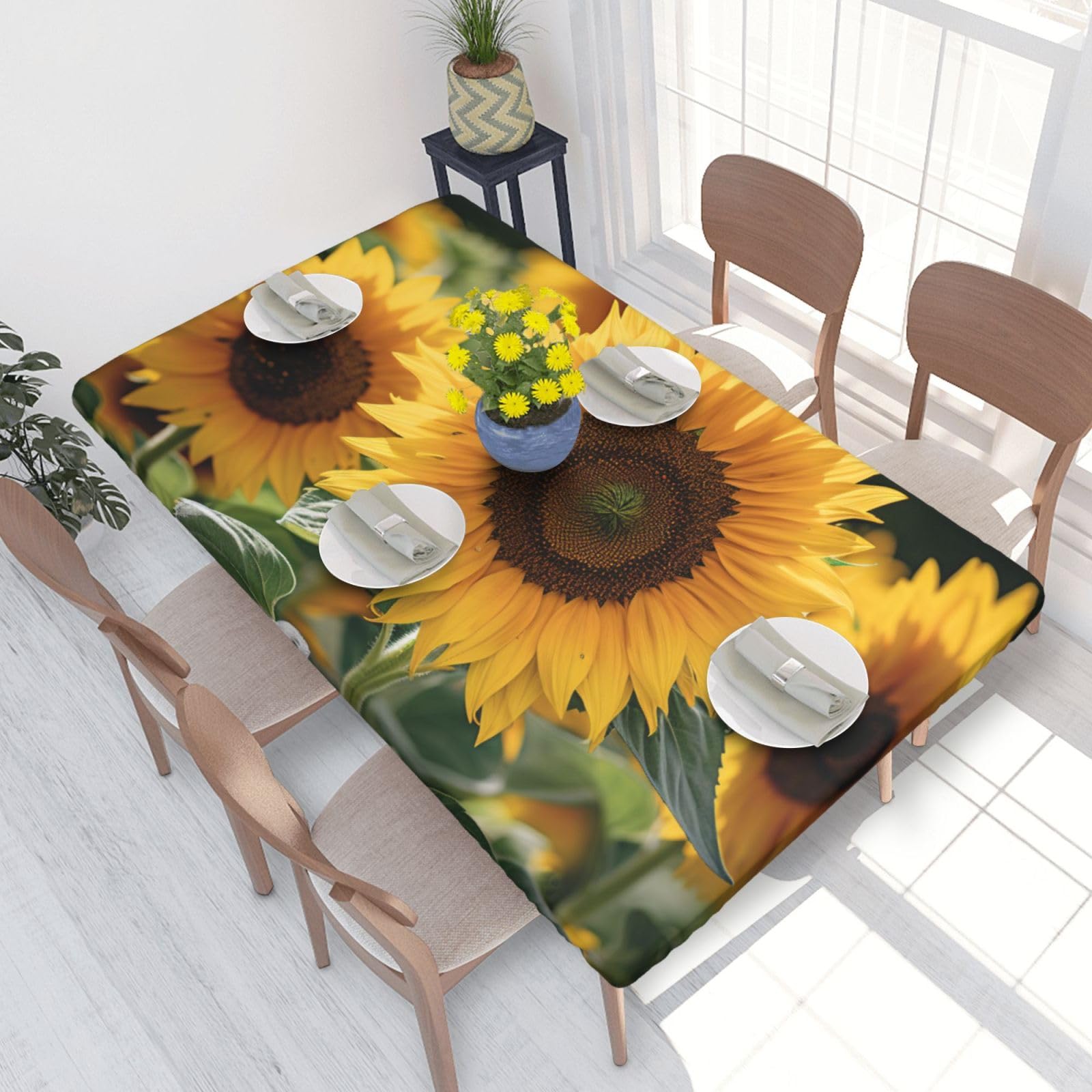 DCARSETCV Blooming Sunflowers Printed 4FT Waterproof Tablecloth with Elastic Edged Protect & Decor Your Table, Oil-proof Washable Table Cloth Cover for Dinner Picnic Party