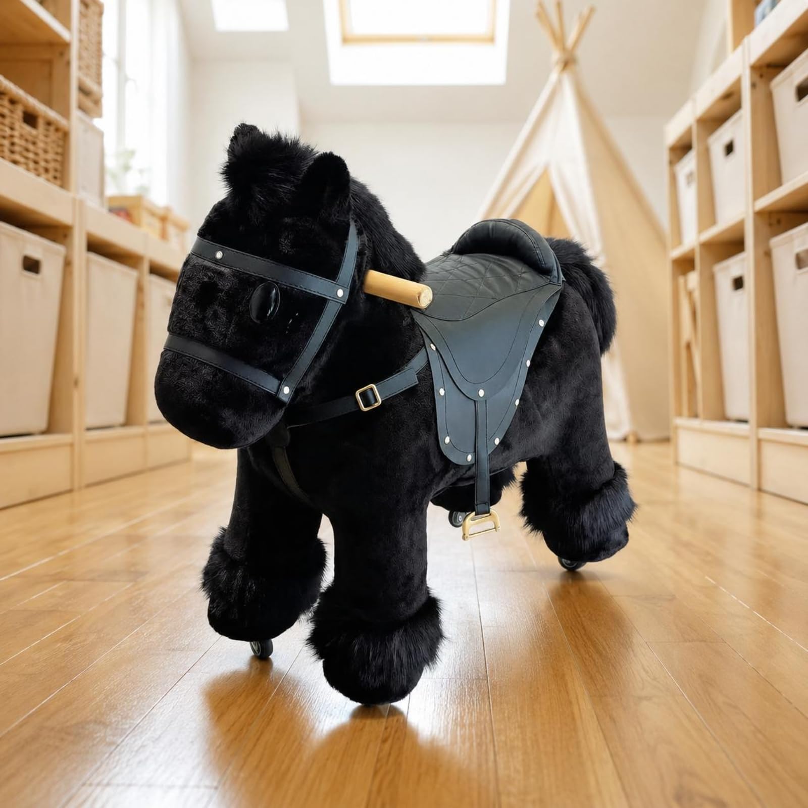 Qianly Cavallo Cavalcabile di Peluche Decorativo Cavallino Cavalcabile con Ruote senza senza Alimentazione Elettrica Arredo Gioco per Interno, Rosso, 70 30 75 Cm