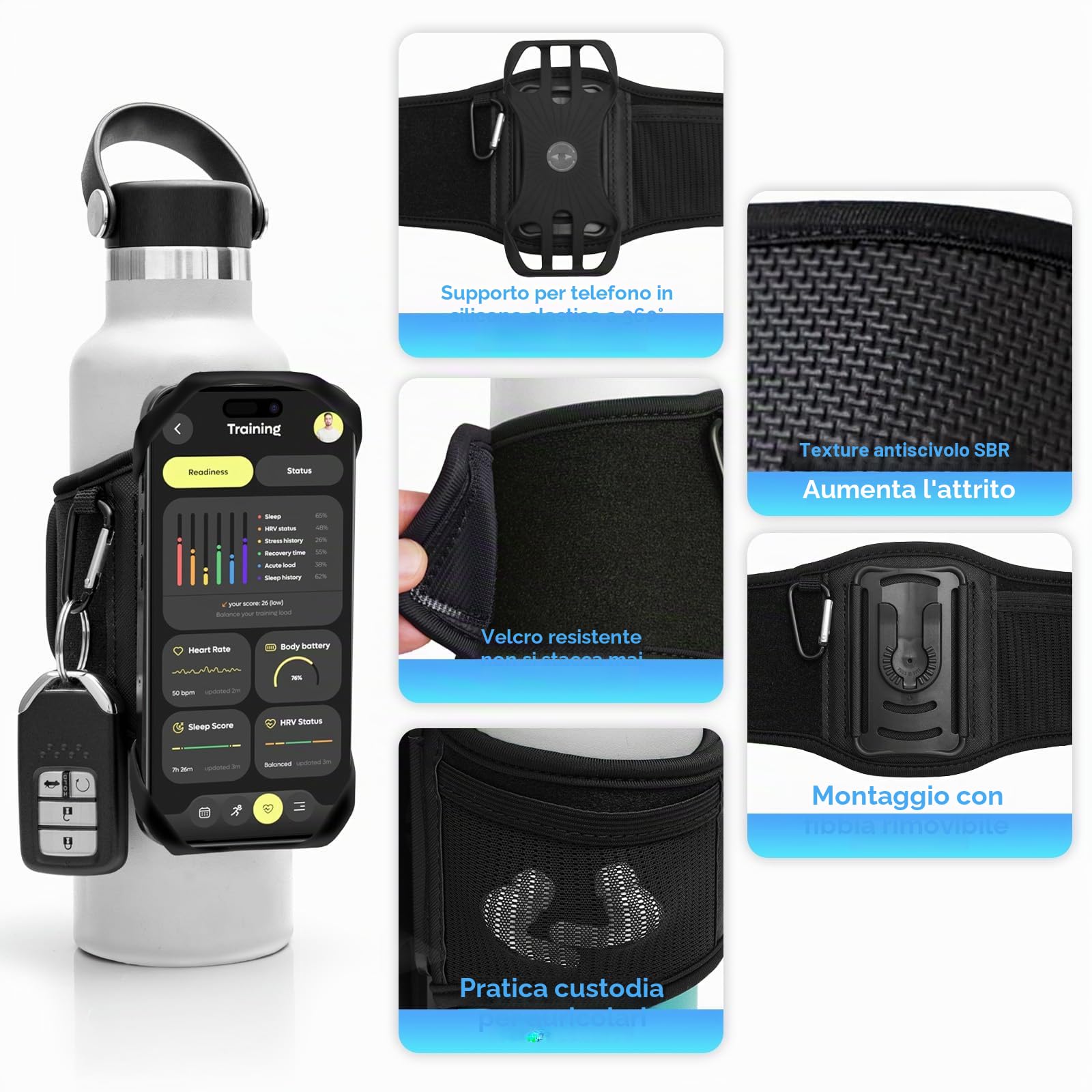 Cikyner Cinghia per Bottiglia d'Acqua, Porta Bottiglia d'Acqua per Telefono Cellulare, Accessori da Palestra Rimovibili e Girevoli a 360° per Telefono da 4,5-7'' e Bottiglie da Diametri 5-9cm