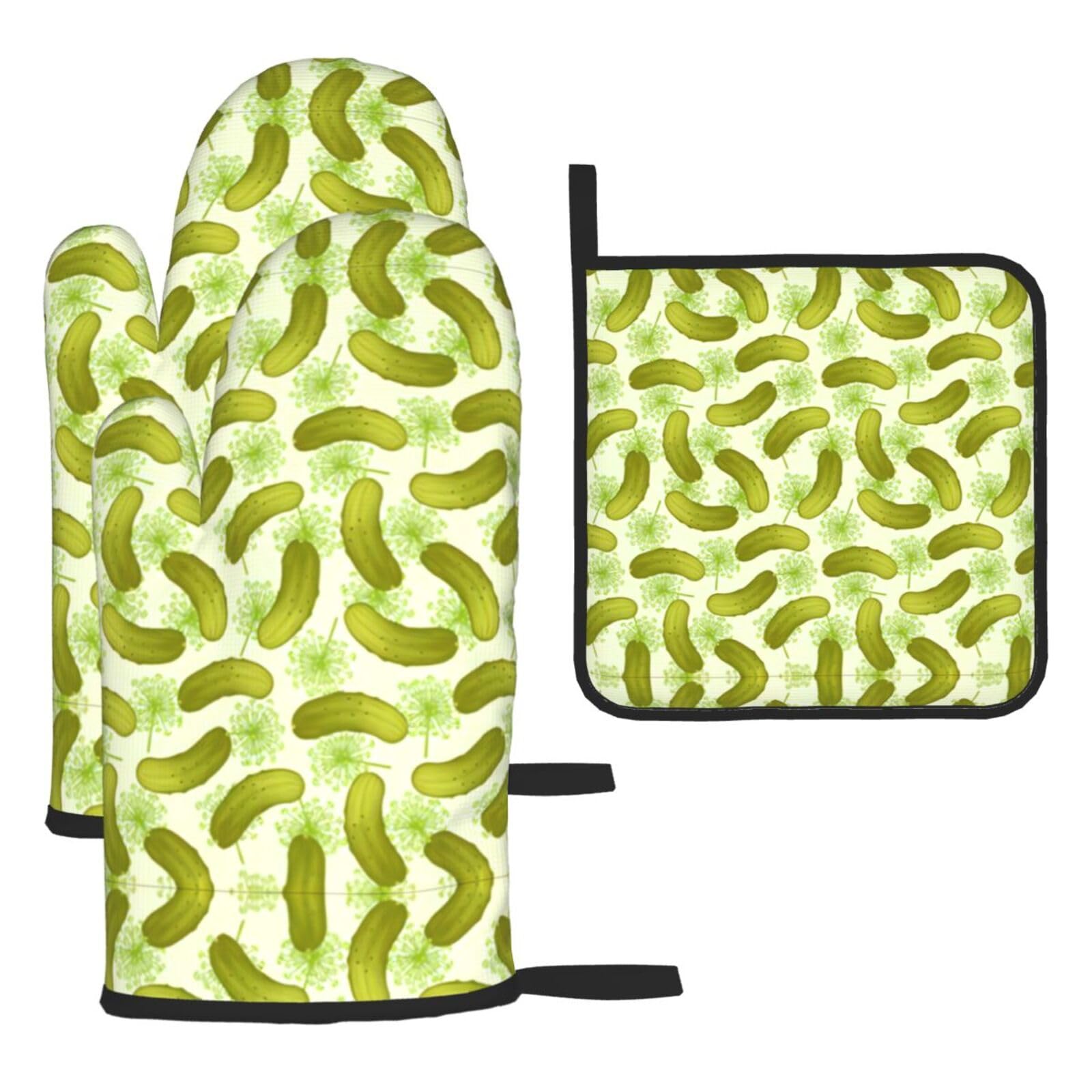 Sushi Dill Pickles 3 Piece Kitchen Oven Mitt Set Heat Resistant Gloves with Pot Holder Mat Polyester Printed for Cooking Baking BBQ Grill