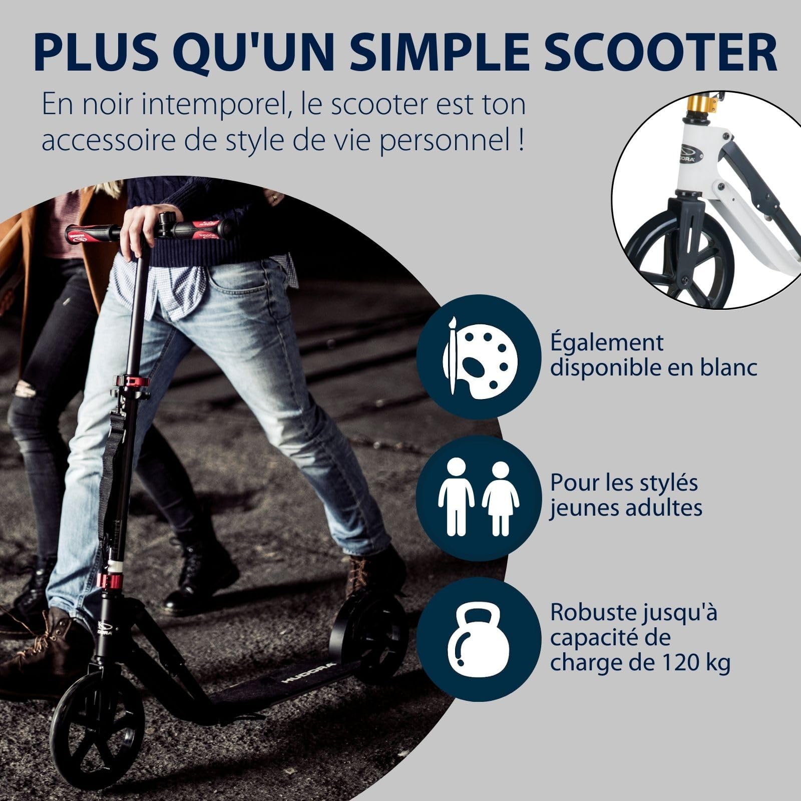 HUDORA BigWheel Scooter Style 230 - Trottinette stable en aluminium avec une grande plateforme - Réglable en hauteur et pliable - Pour adolescents et adultes jusqu'à 120kg