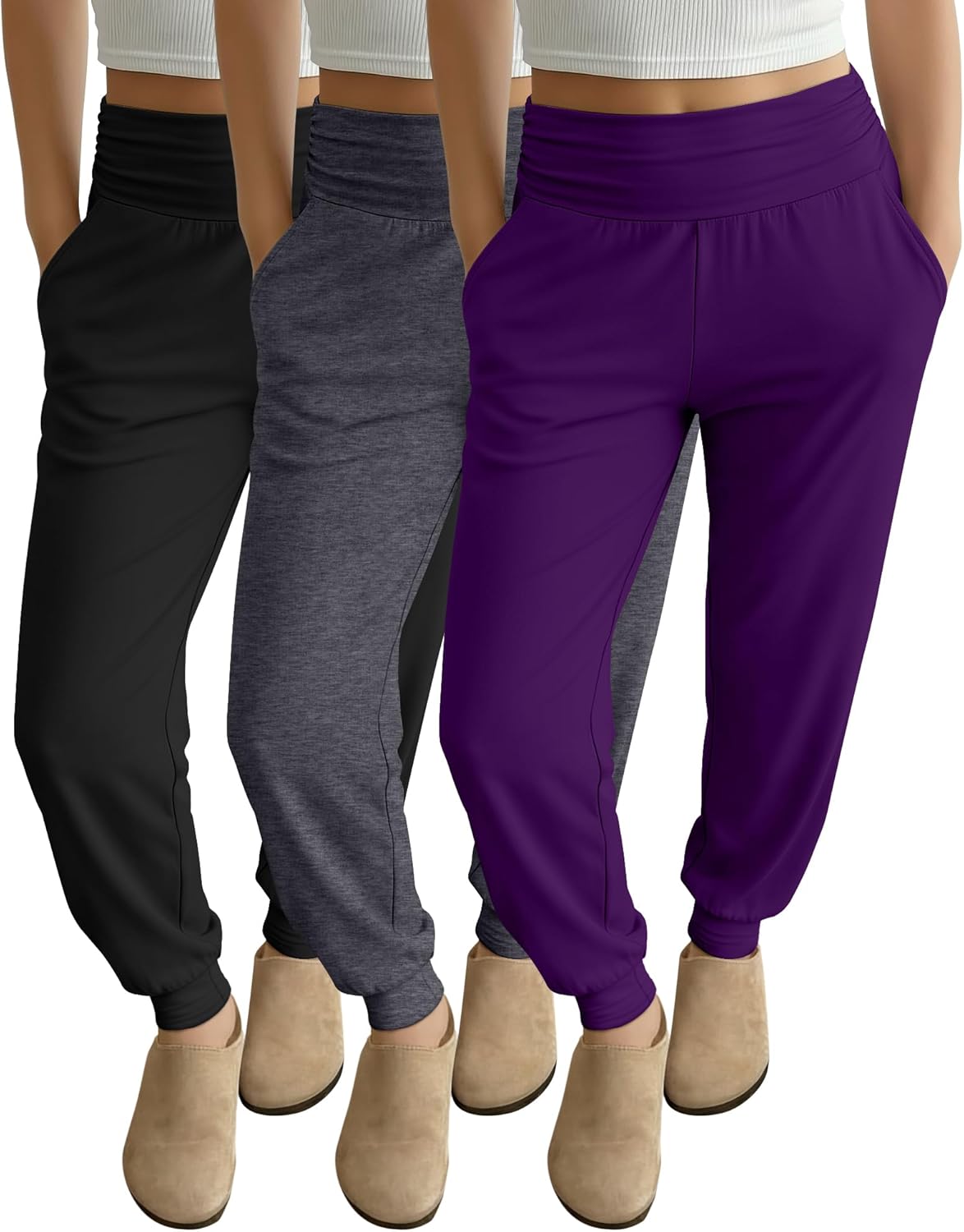 Ficerd 3 Pack Women's Lounge Pants, Cozy Yoga Joggers with Pockets High Waisted Workout Sweatpants Lightweight Comfy Pants