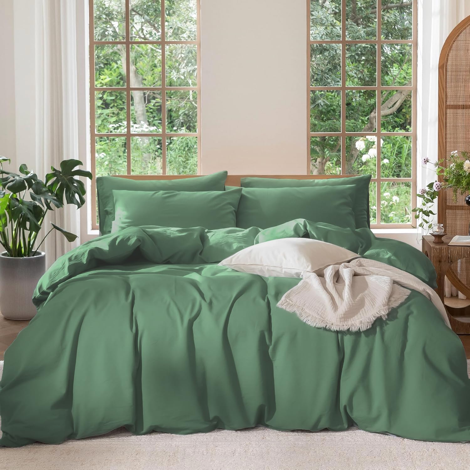 Boqingzhu Juego de ropa de cama de 220 x 240 cm, algodón egipcio, color verde salvia, suave, no necesita planchado, juego de ropa de cama doble de algodón, funda nórdica de 220 x 240 cm y fundas de