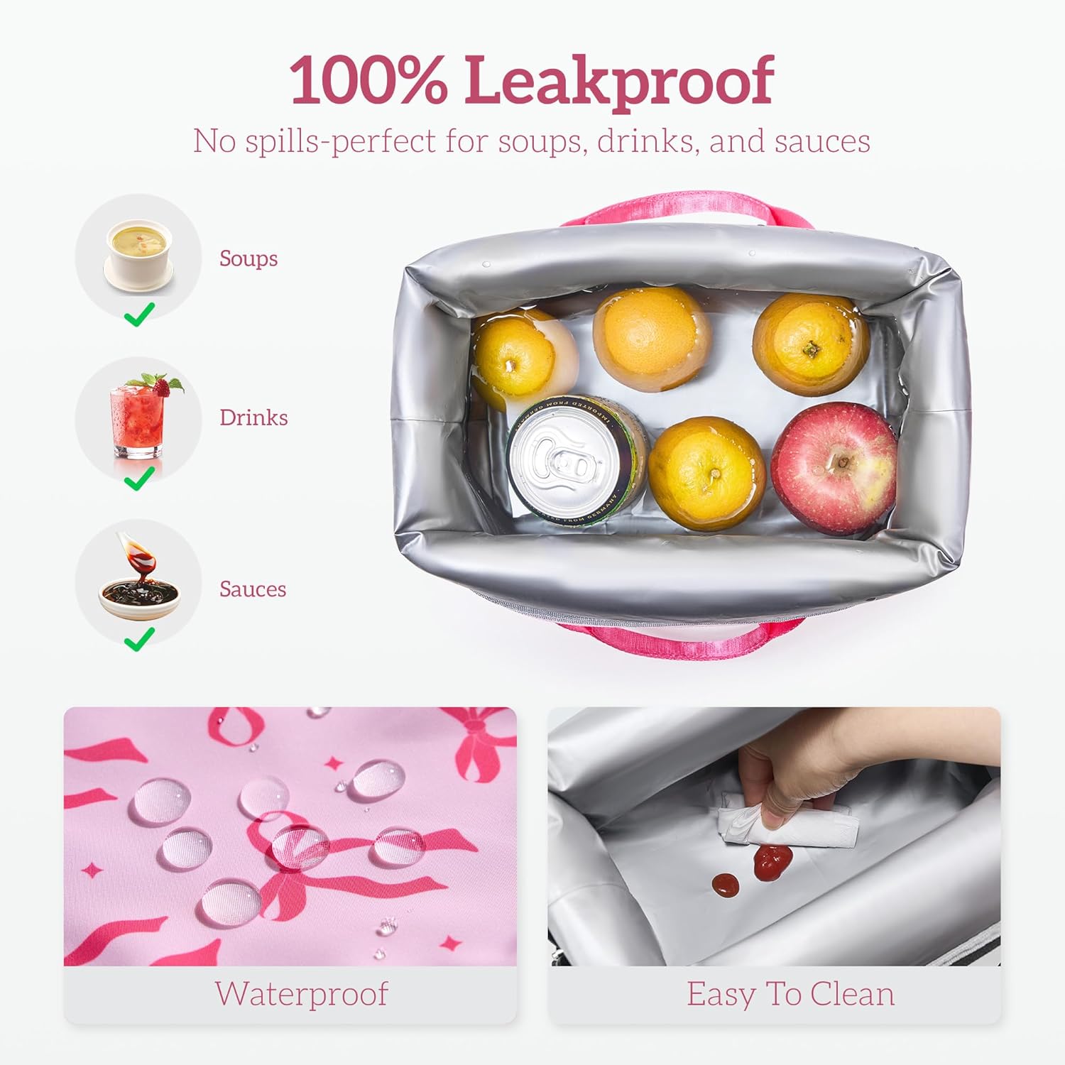 Lunch Bag Women Insulated Lunch Box,Cute Large Lunch bags,Reusable Leakproof Cooler Bag with Adjustable Shoulder Strap, Aesthetic Lunch Tote for Work Office Picnic Pink bow - Image 4