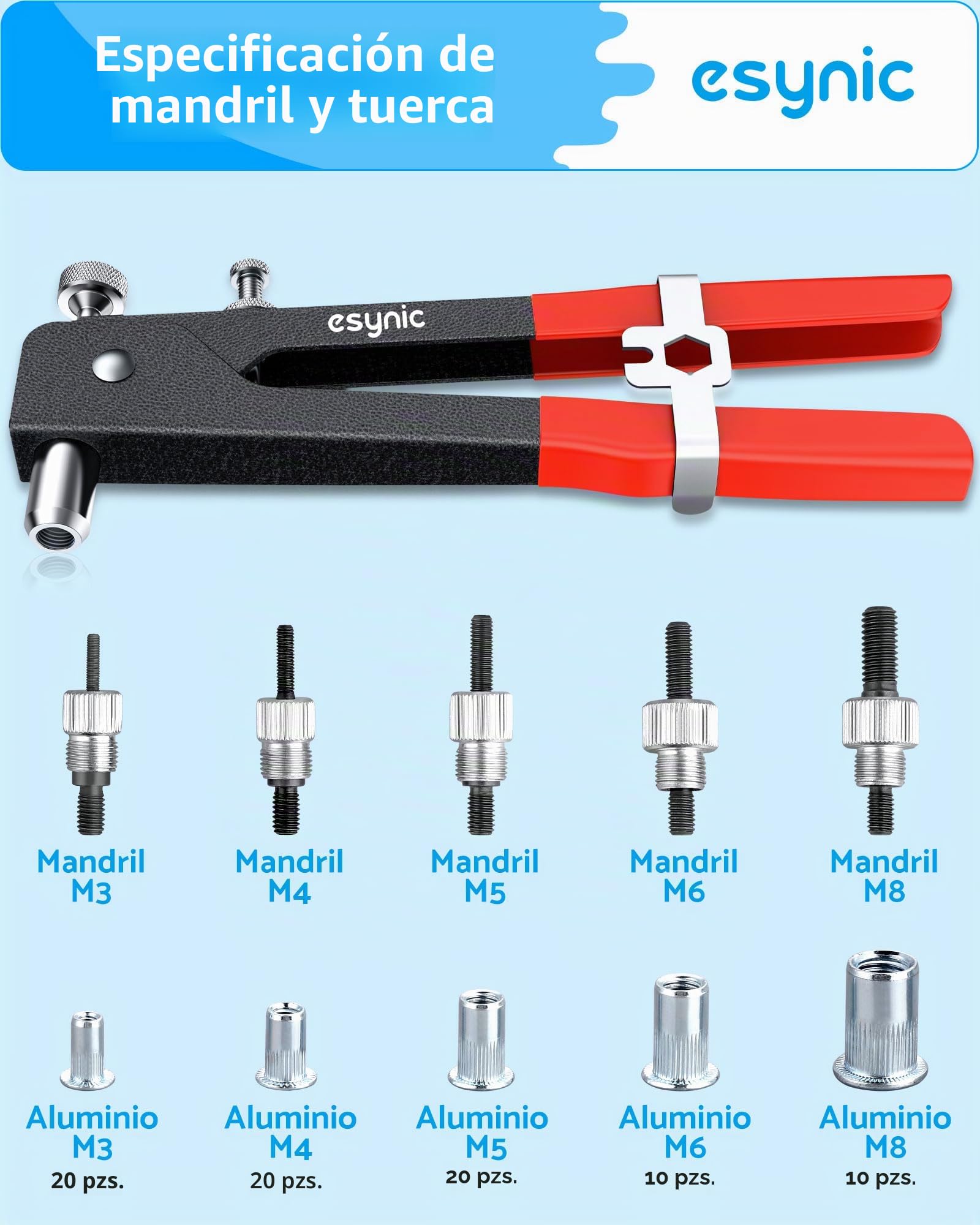 eSynic Remachadora con Remaches de 86 Piezas Pistola Remachadora Profesional con M3, M4, M5, M6, M8 Tuerca de Remache Herramienta Robusta y Ergonómica para Trabajos de Reparación