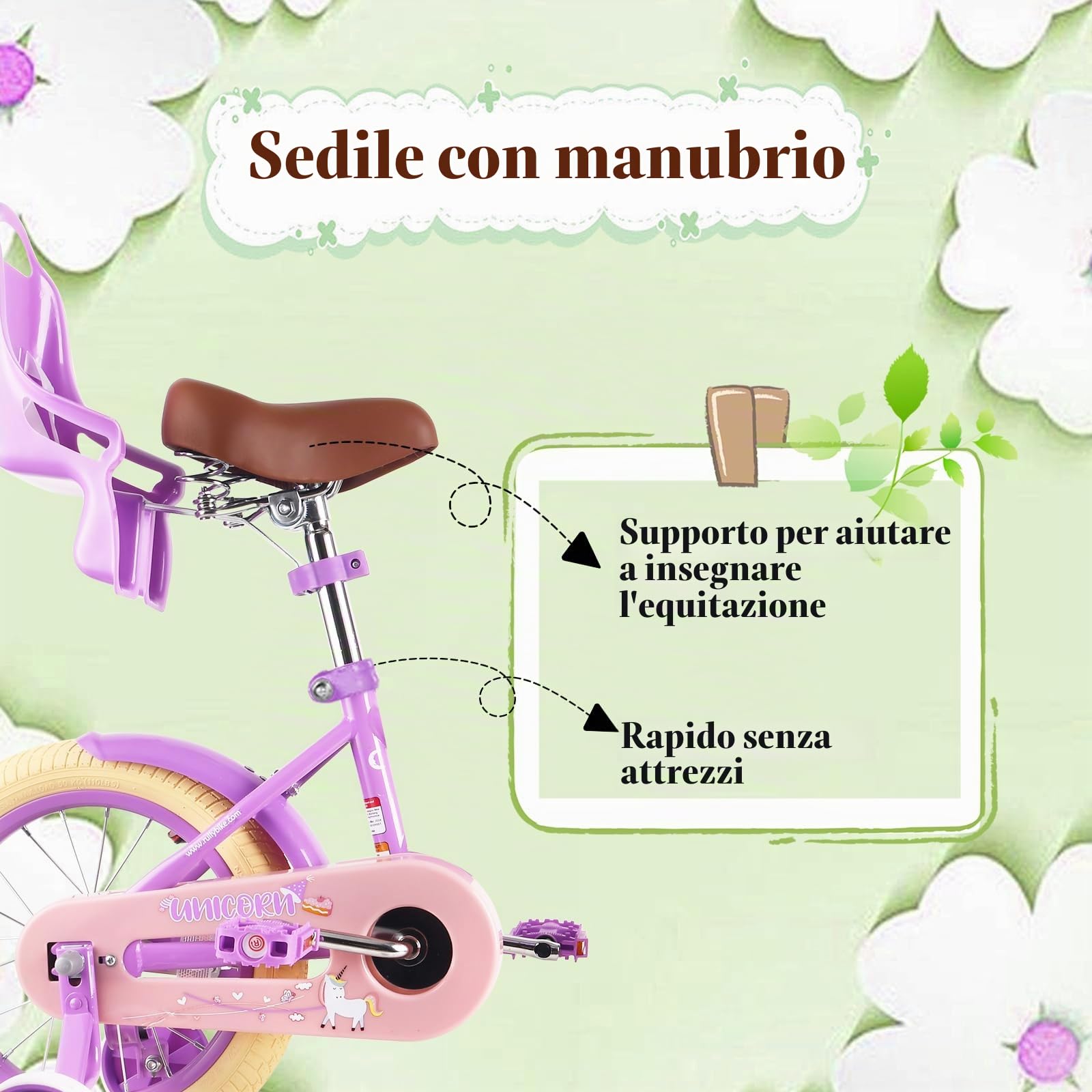 RULLY Bicicletta da bambino da 12 14 16 pollici per bambine da 2 a 7 anni con ruote stabilizzatrici, freno anteriore, cestino, nastri decorativi