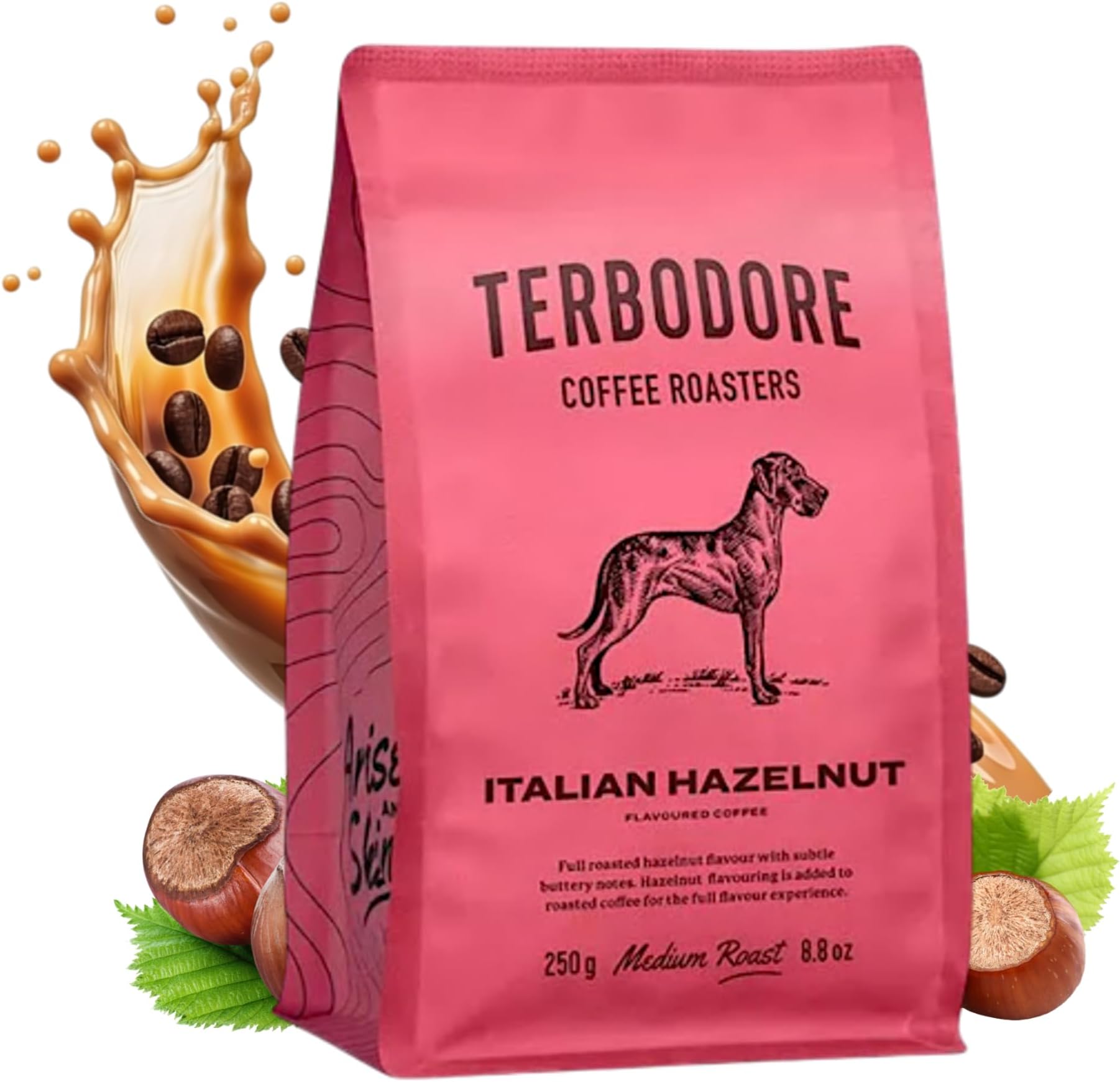 Terbodore | Italian Hazelnut Coffee Beans | 250g Bag | Delicious Nut Flavour | Arabica | Whole Bean | Medium Roast | Home or Cafe | Hazelnut Flavoured Coffee Beans