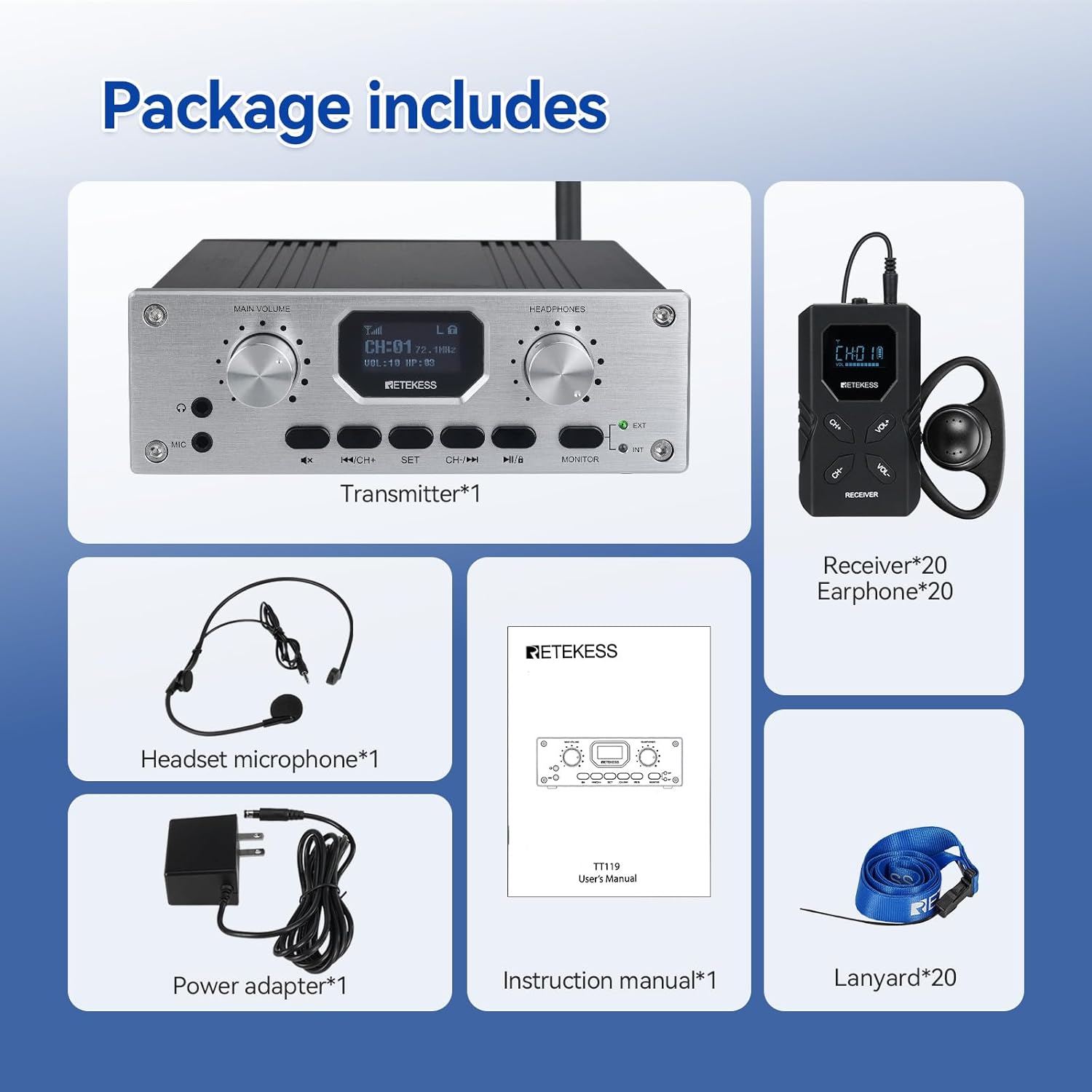 Contents of the Retekess TT119 package, including transmitter, receivers, headset microphone, power adapter, manual, and lanyards.