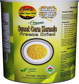 Freeze Dried Organic Whole Kernel Sweet Corn | Grains de Maïs Doux Biologiques Lyophilisées | Product of Canada | Emergency and Survival Food | 25-30 year shelf life | Large #10 can | Net wt: 500 g (equivalent to 2.25 kg of fresh sweet corn kernels) | No additives or preservatives | Non GMO | Wholesome, delicious and nutritious!