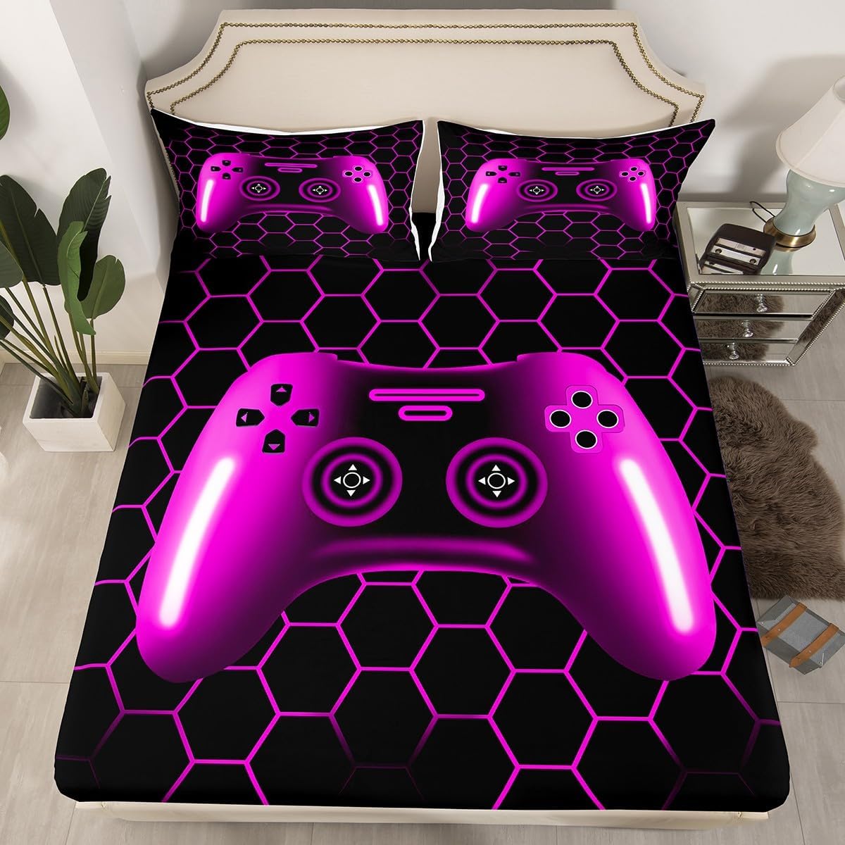 Erosebridal Queen Bed Fitted Sheet for Boys Kids Red Gaming Bedding Set Cool Gamer Bed Sheets Black Honeycomb Geometric Game Comforter Red Black Ombre Video Game Sheets with 2 Pillow Cases