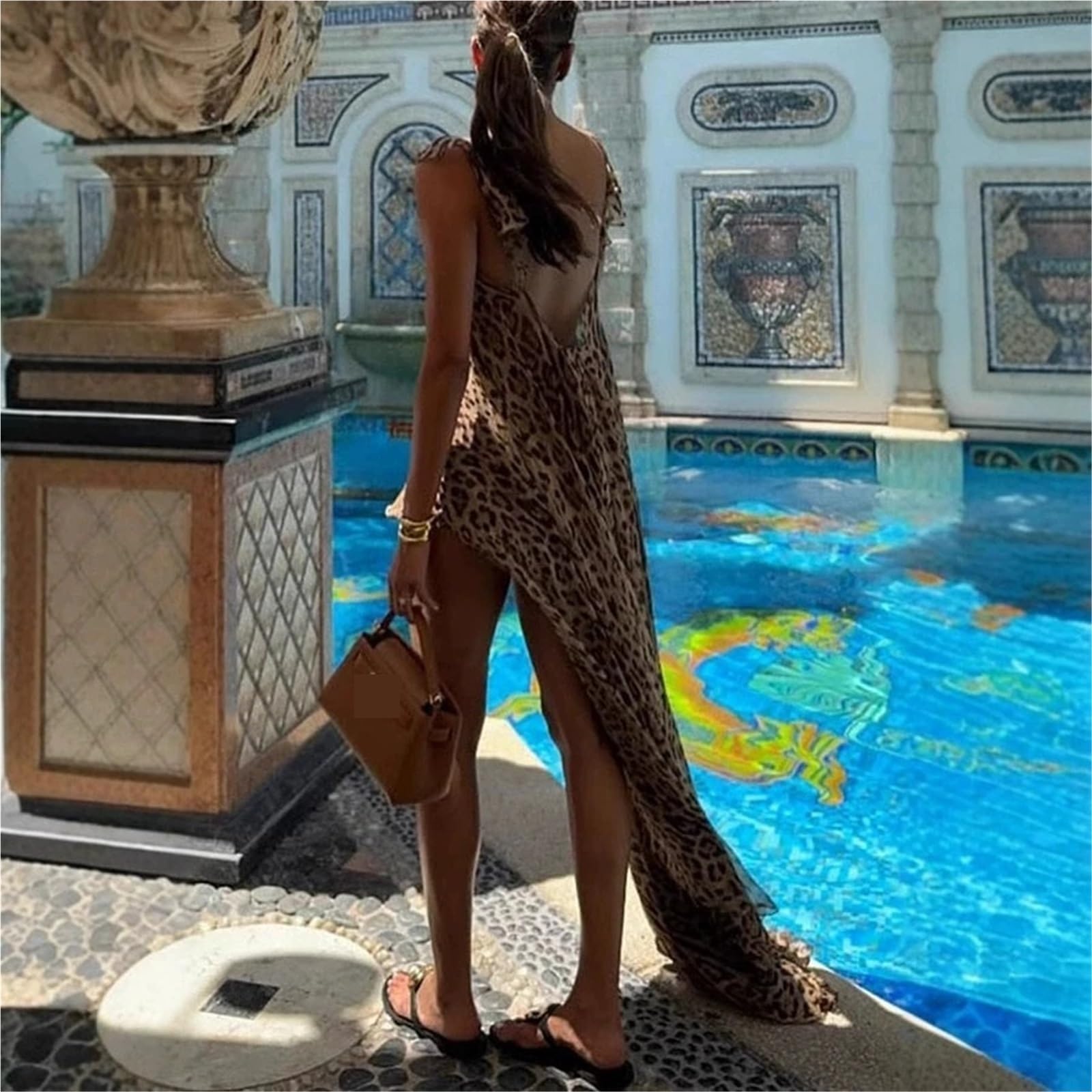 Copricostume Lungo in Chiffon Abito da Spiaggia in Chiffon Stampato Leopardato Maxi Copricostume Donna Costume Bagno Bikini Vestito Estivo