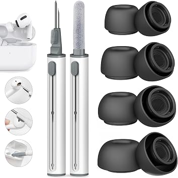 4 Pairs Replacement Ear Tips for AirPods Pro for AirPods Pro 2 with Noise Reduction Hole, Non-Slip Soft Silicone Ear Tips, 3 in 1 Cleaner Kit for USB-C Charging CaseXS/S/M/L, Black