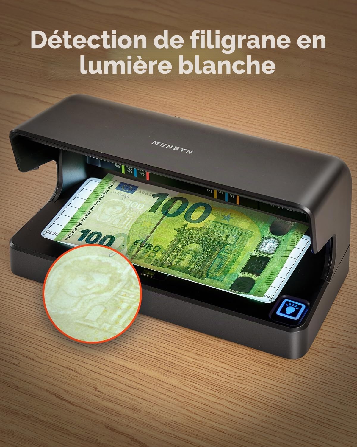 MUNBYN IMC26 Détecteur de faux billets euros portable, machine détecteur faux billets, UV & Lumière Blanche, Rechargeable USB-C, détecteur billet euros, Multi-Devises $/£/€ de Billets et Documents