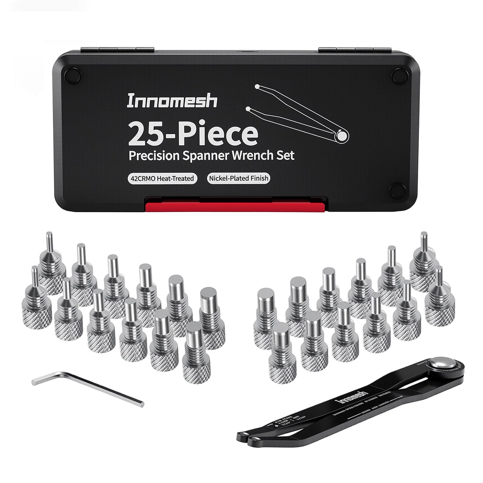 25 Piece Pin Spanner Wrench Set,42CRMO Heat-Treated,Nickel-Plated Finish,Adjustable Spanner Wrench for Bearings,Pulleys & Lock Nuts,Metric & Imperial