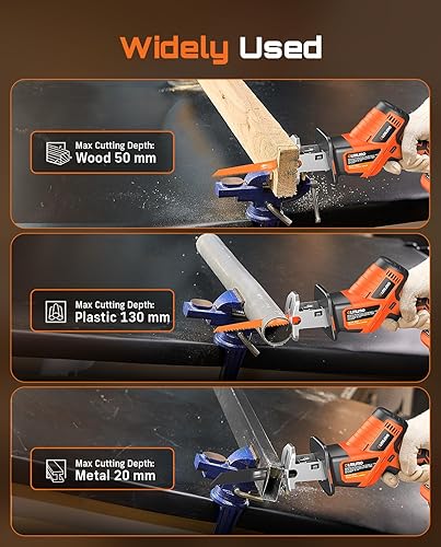 Miniatura 8 de Sierra recíproca inalámbrica con 8 hojas - 2 baterías de 4000 mAh, motor sin escobillas, velocidad variable 0-3200 SPM, cambio de hoja sin