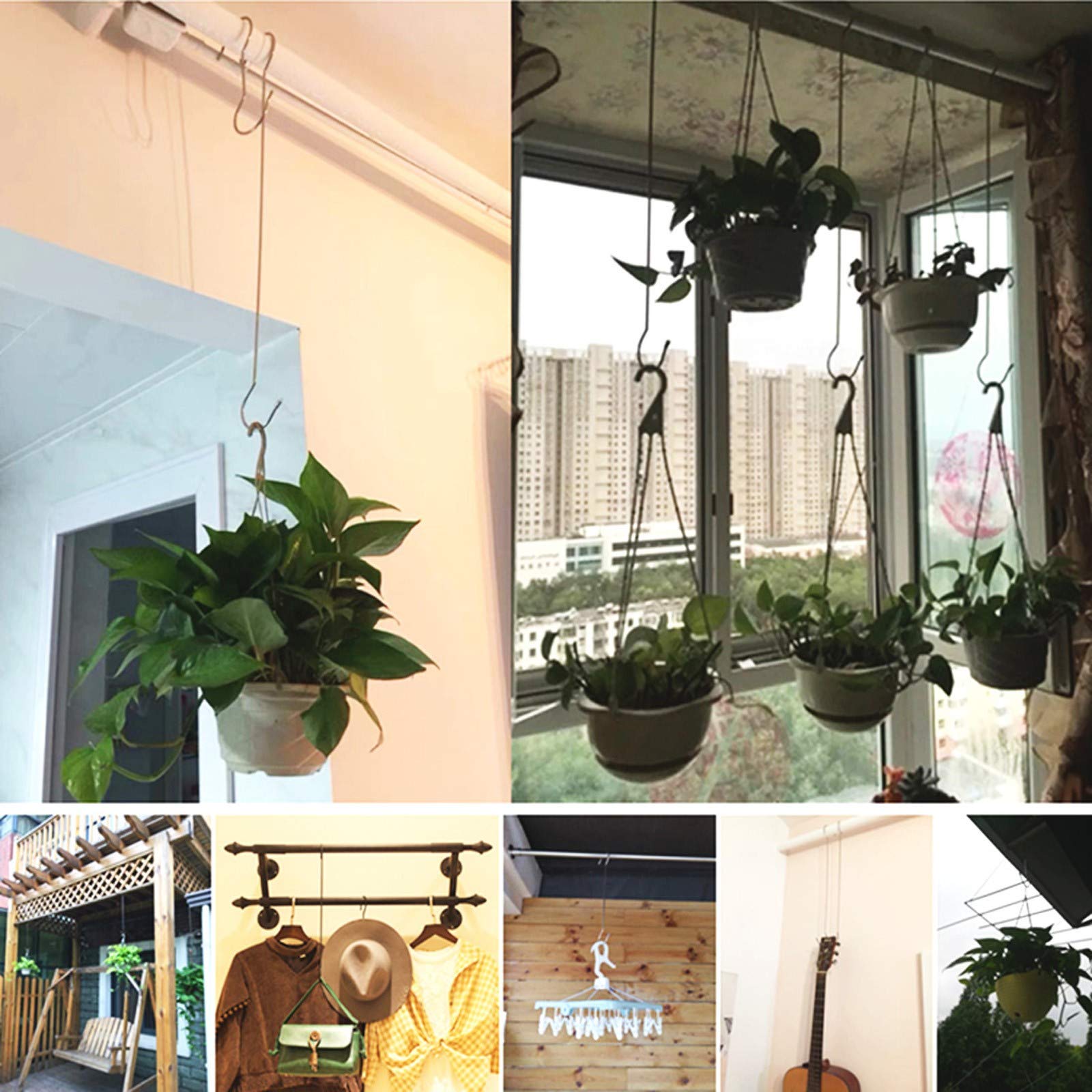 Maydahui 14 ganchos extralargos en forma de S (7 piezas de 16 pulgadas + 7 piezas de 12 pulgadas) para colgar plantas, ganchos plateados de acero inoxidable para utensilios de cocina, pérgola,
