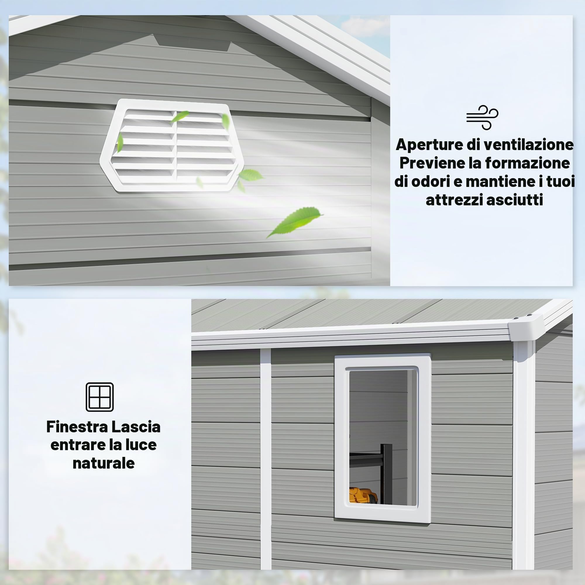 Outsunny Casetta per attrezzi 4,1 m² in plastica, tetto spiovente, porta con serratura, ventilazione, finestra apribile e fondazione, 240 x 190 x 228 cm