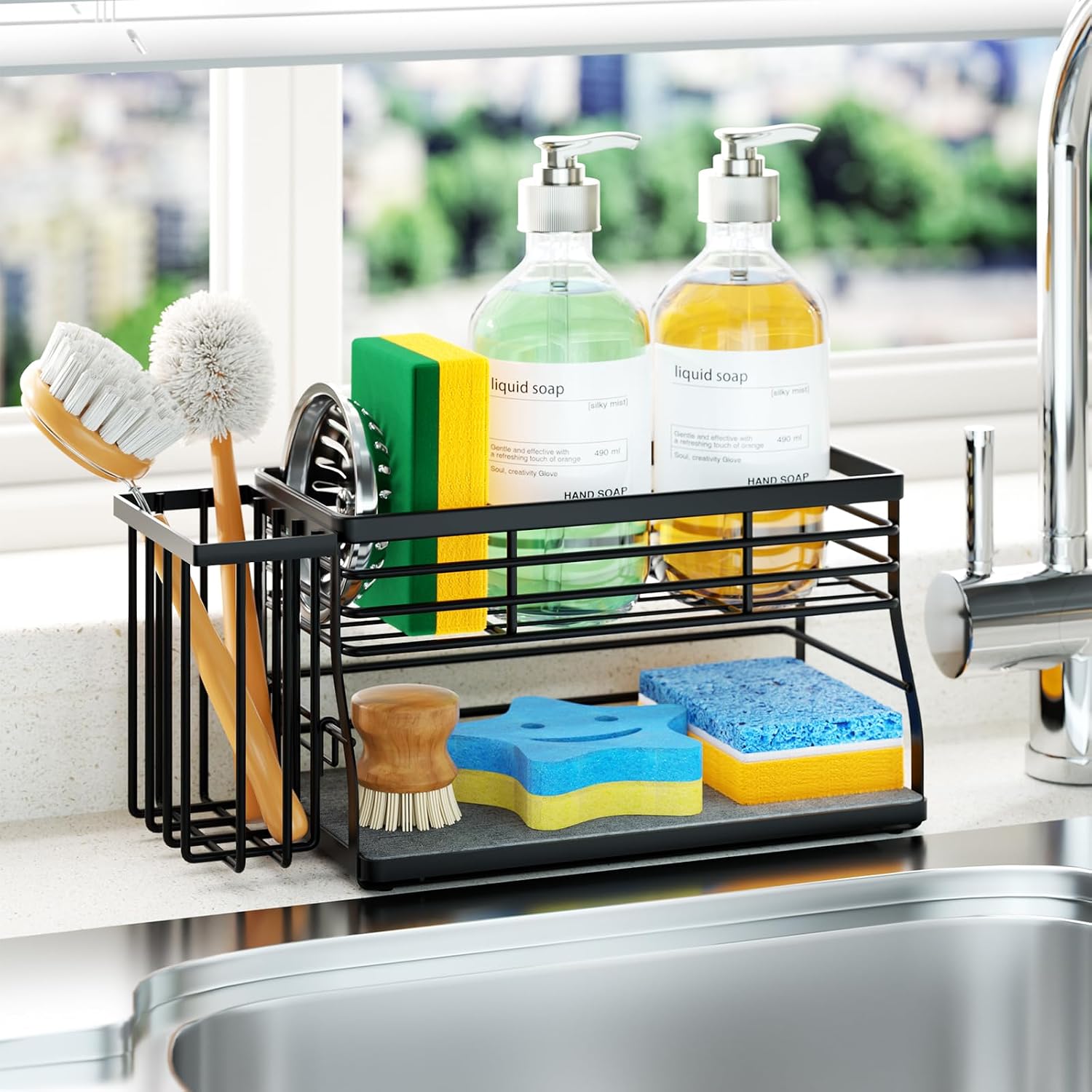 SWTYMIKI Sponge Holder for Kitchen Sink - 2 Tier Rustproof Sink Caddy with Instant Drying Stone, Removable Dish Brush Holder, Stainless Steel Kitchen Caddy for Coutertop Storage Accessories