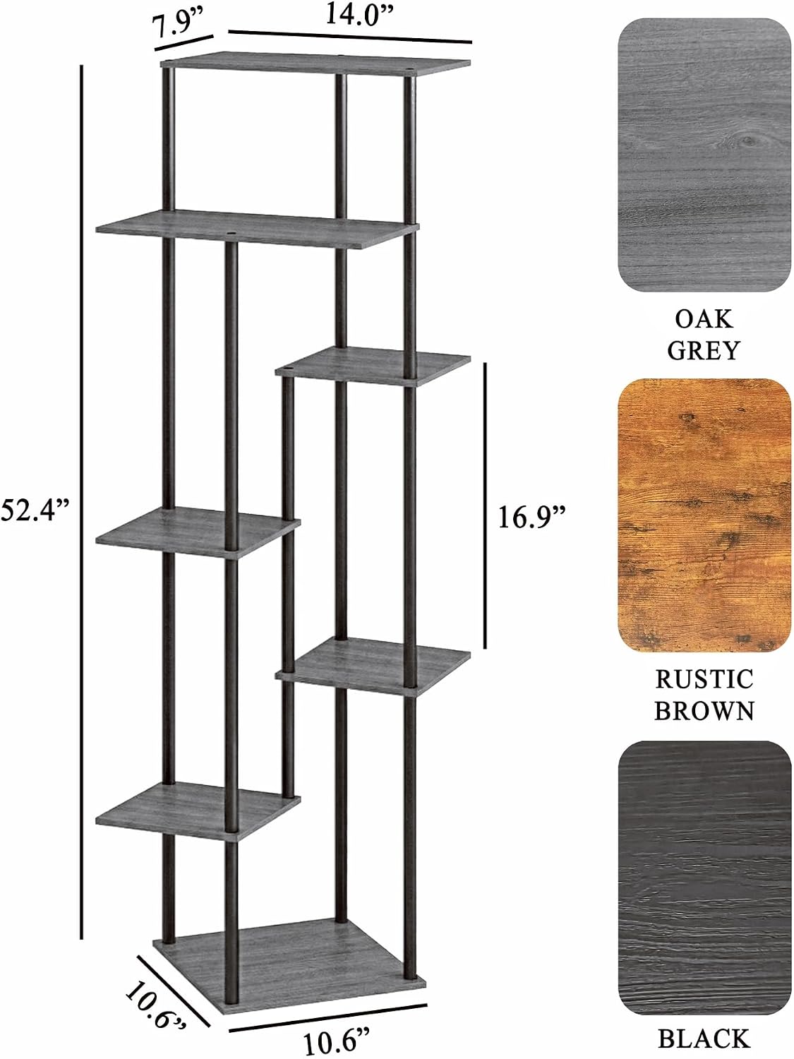 Tall Plant Stand Indoor 7-Tier Metal Wood Plant Shelf for Multiple Flower Pots Corner Flower Holders for Living Room Balcony Bedroom, Oak Grey