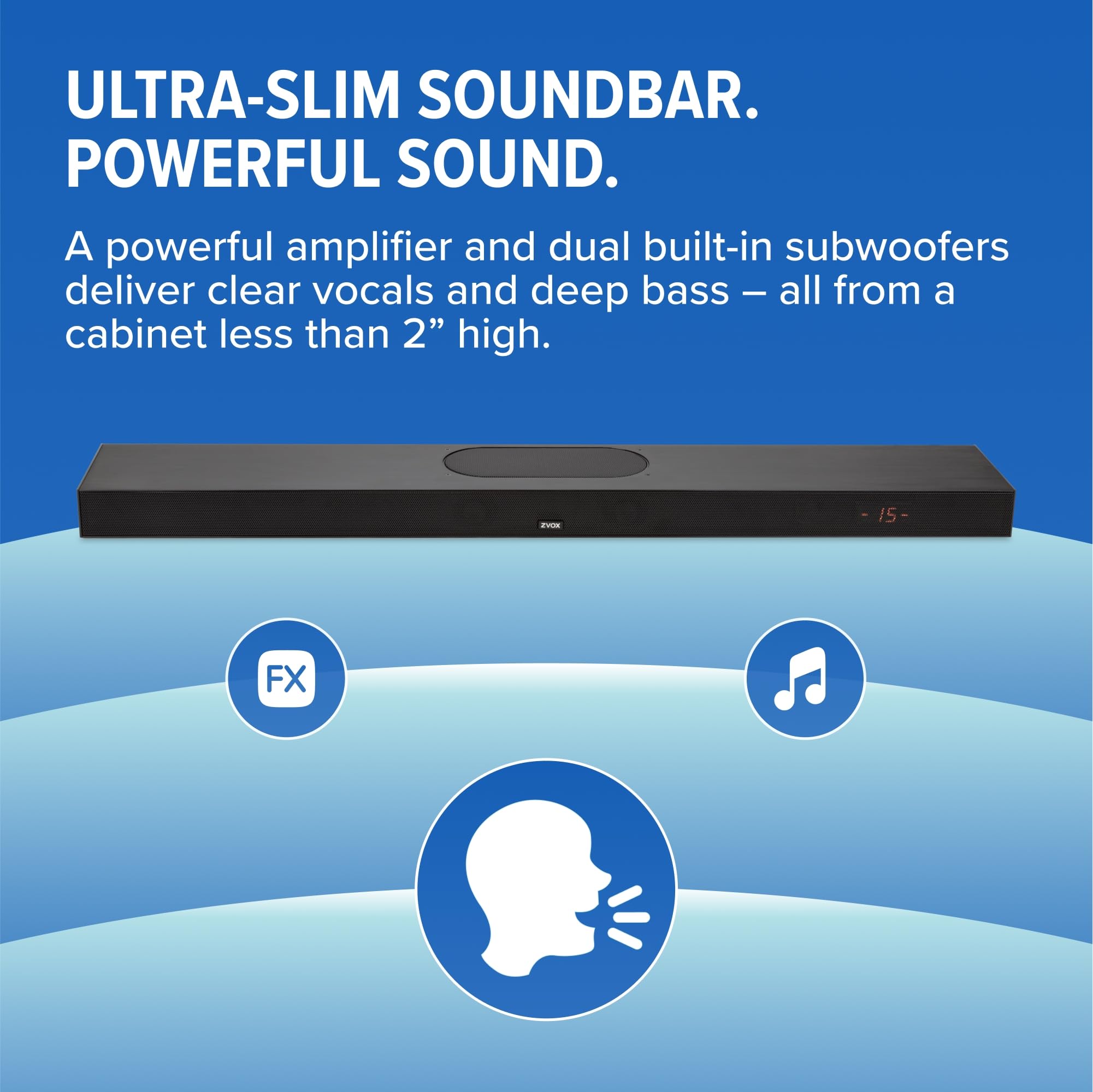 ZVOX AccuVoice AV855 Dialogue Clarifying Soundbar - Tecnologia acustica brevettata con 20 livelli di potenziamento vocale, doppio subwoofer, altoparlante TV a basso profilo per Home Theater e Smart TV