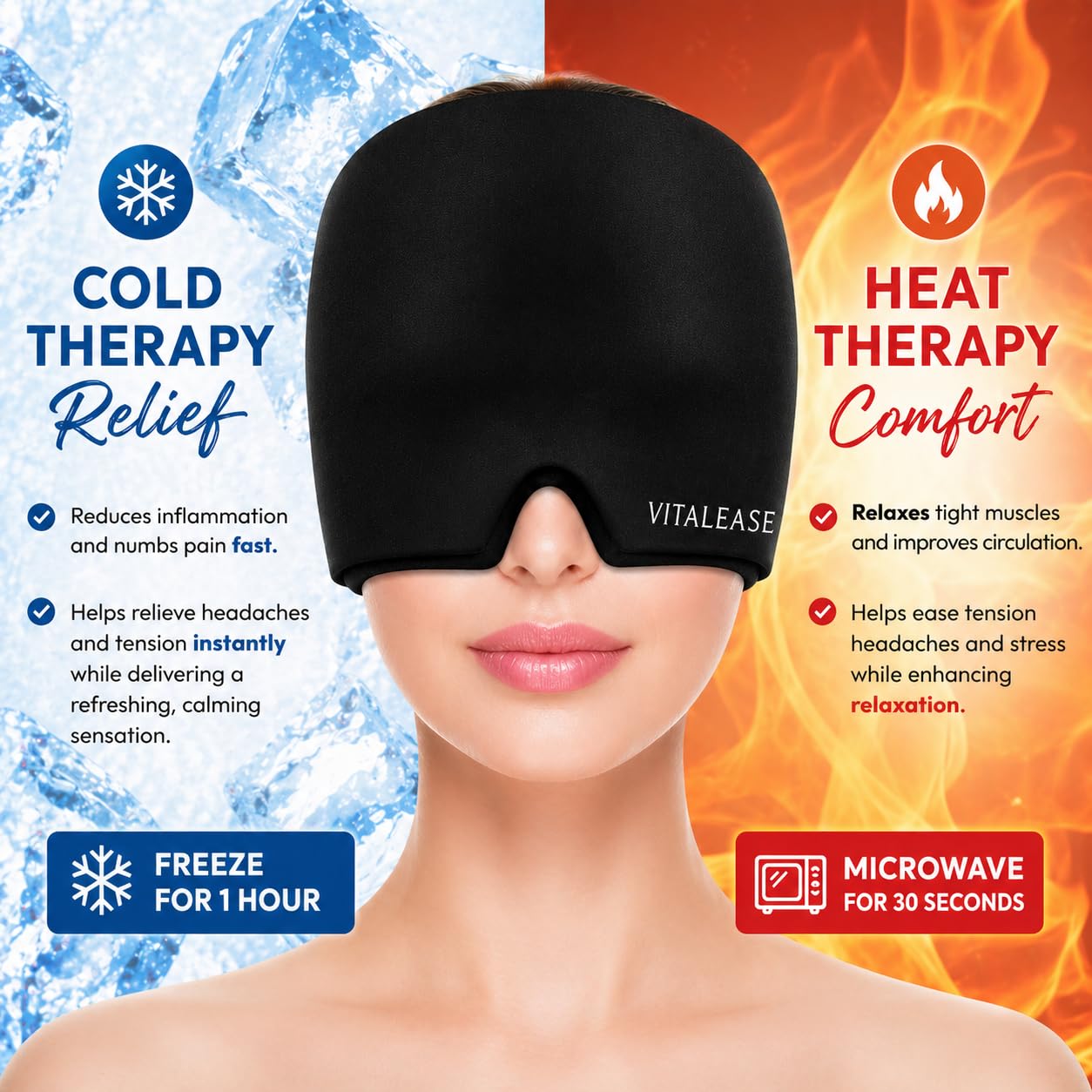 Gorro Migraña, Mejorado Antifaz Migraña Frio, Doble Capa de gel, Gel envolvente 360º, Para Aliviar Migraña, Sinusitis, Estrés, Dolor de cabeza y Aceite Esencial para Migraña