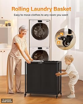 2 Section 103L Laundry Sorter, Wheels & Shelf & Oxford Fabric Bags | Laundry Basket Organizer, Clothes Hamper with Shelf 2 Compartment, Easy to move, Room Organization