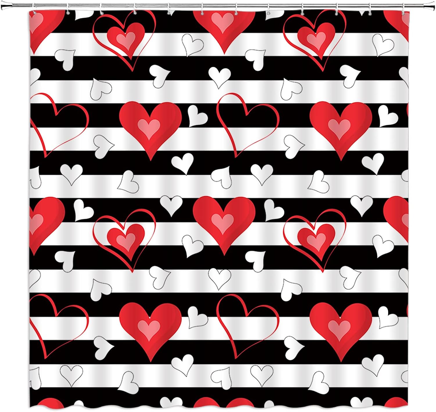 Red Heart Shower Curtain Valentine's Day Heart Black White Geometric Striped Sweet Love Romantic Couple Polyester Bathroom Decor Curtain with Hook