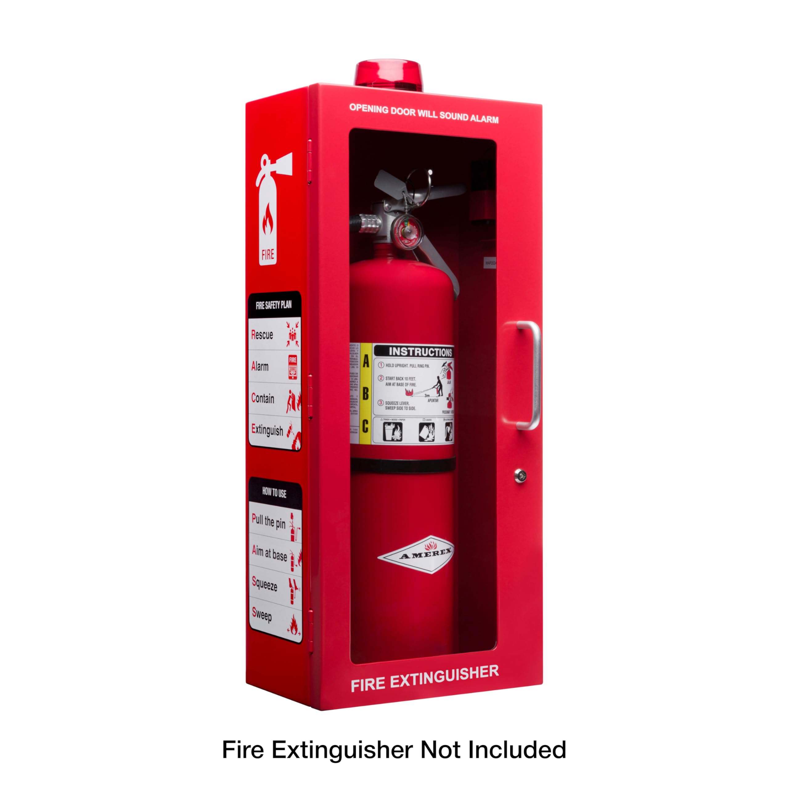 Extintor de 5 libras con alarma, cerradura y ventana acrílica rompible | Montaje en pared o superficie | Se adapta a extintores de hasta 5 libras | Instrucciones de seguridad contra incendios