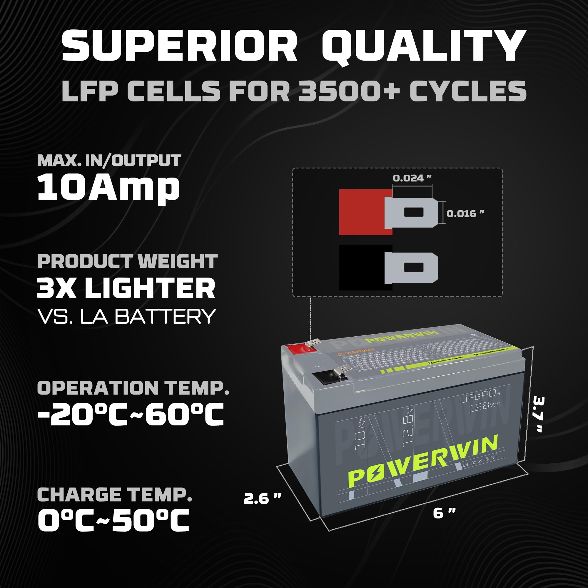 POWERWIN BT10 12.8v 10Ah LiFePO4 Battery 128Wh Deep Cycle 4000+ cycles & Built-in BMs,Solar, uPs, Of-Grid, Electric Toys