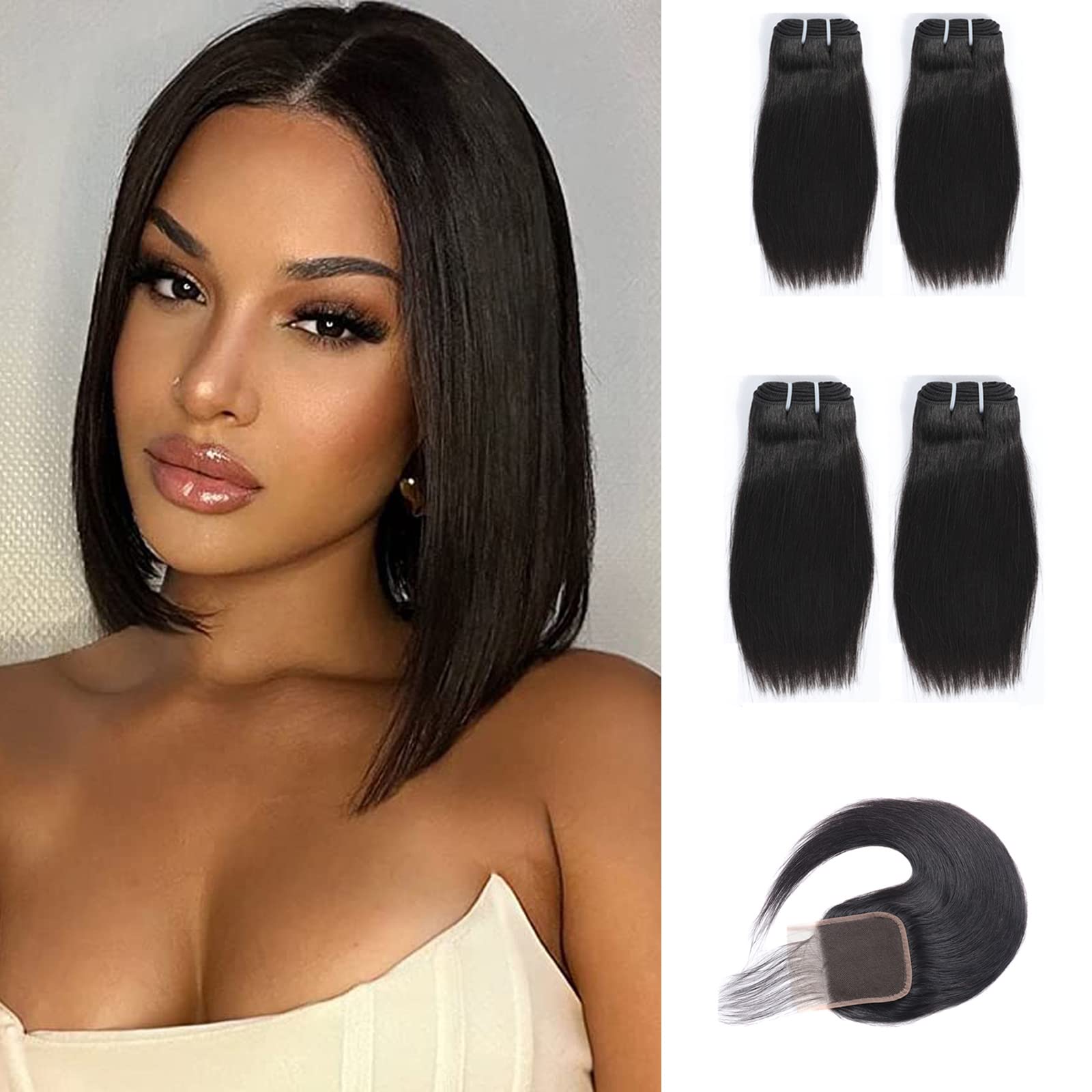 10 inch 12 inch with 12 inch closure Short Human Hair Bundles Natural Color 4 Bundles With Closure 10A Brazilian Virgin Hair 100% Unprocessed Straight Human Hair Bundles