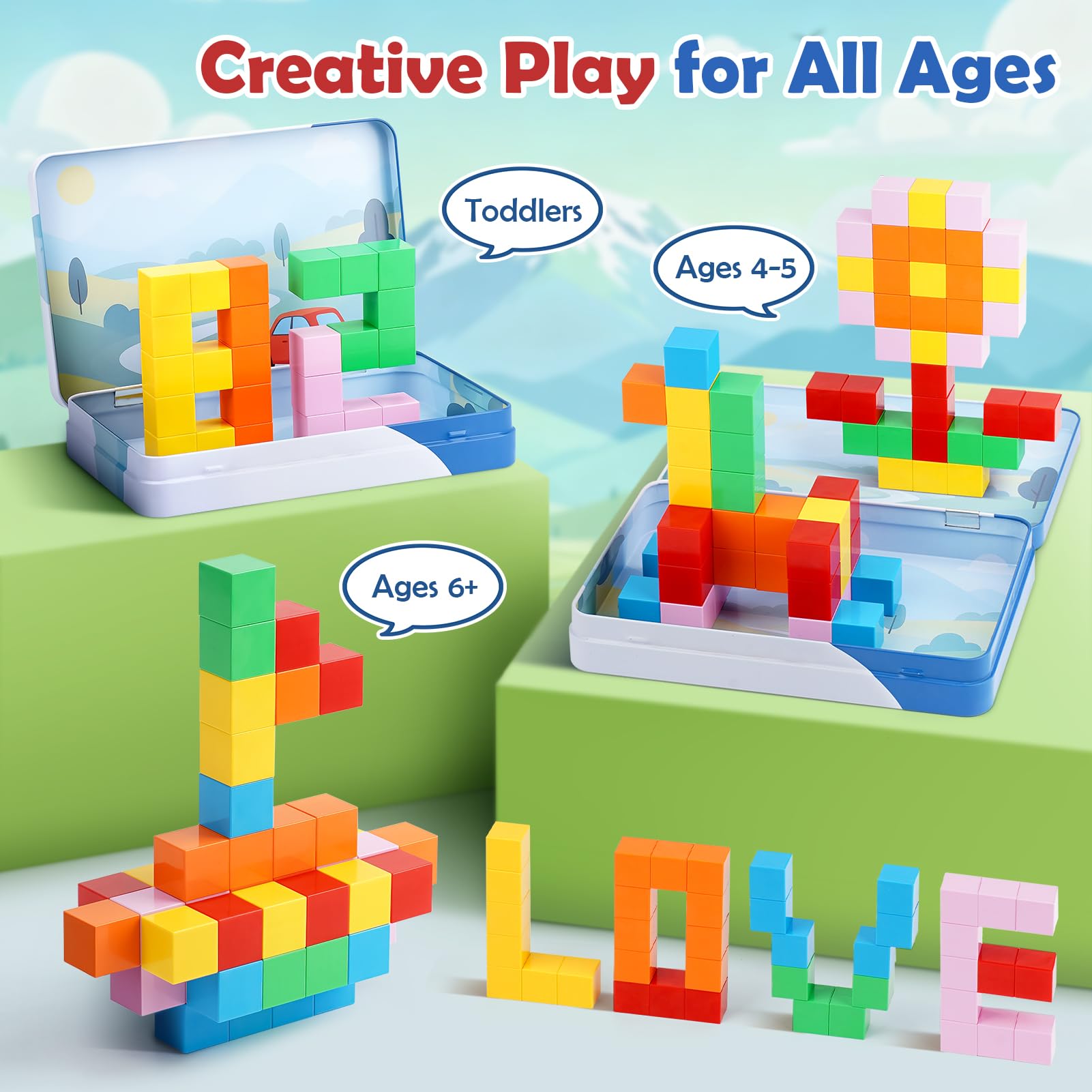 Dreamon Mini Magnetische Bausteine 52PCS Magnetic Building Blocks mit Blechdose Magnetische Bausteine Reiseset für Kinder Montessori Spielzeug Geschenk ab 3 4 5 6 Jahre Mädchen Junge