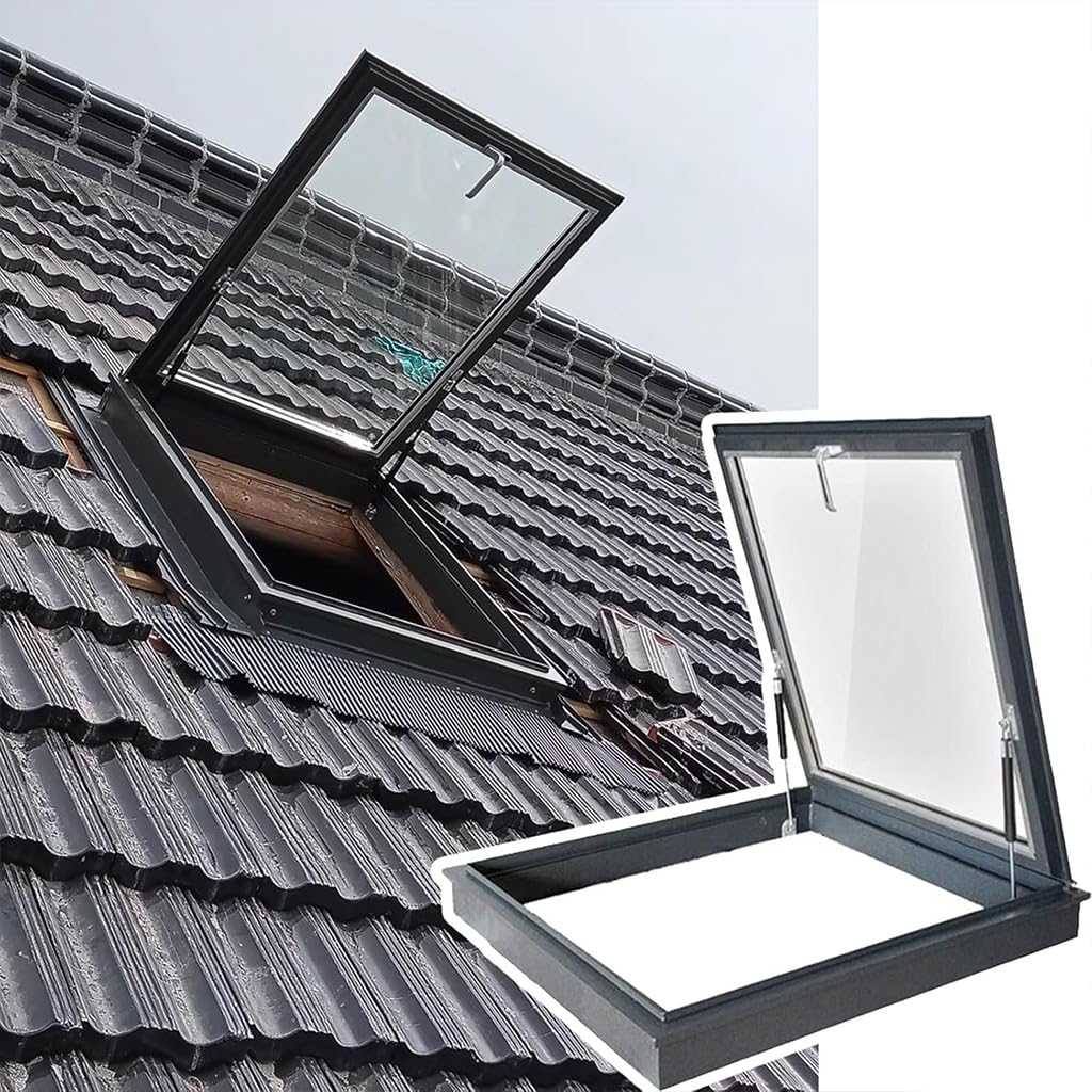 Ventana de loft de vidrio templado de doble capa con ventilación manual para ático dormitorio, estudio, escotilla de techo de aluminio con aislamiento térmico acústico (largo x ancho 70 x 55 cm)