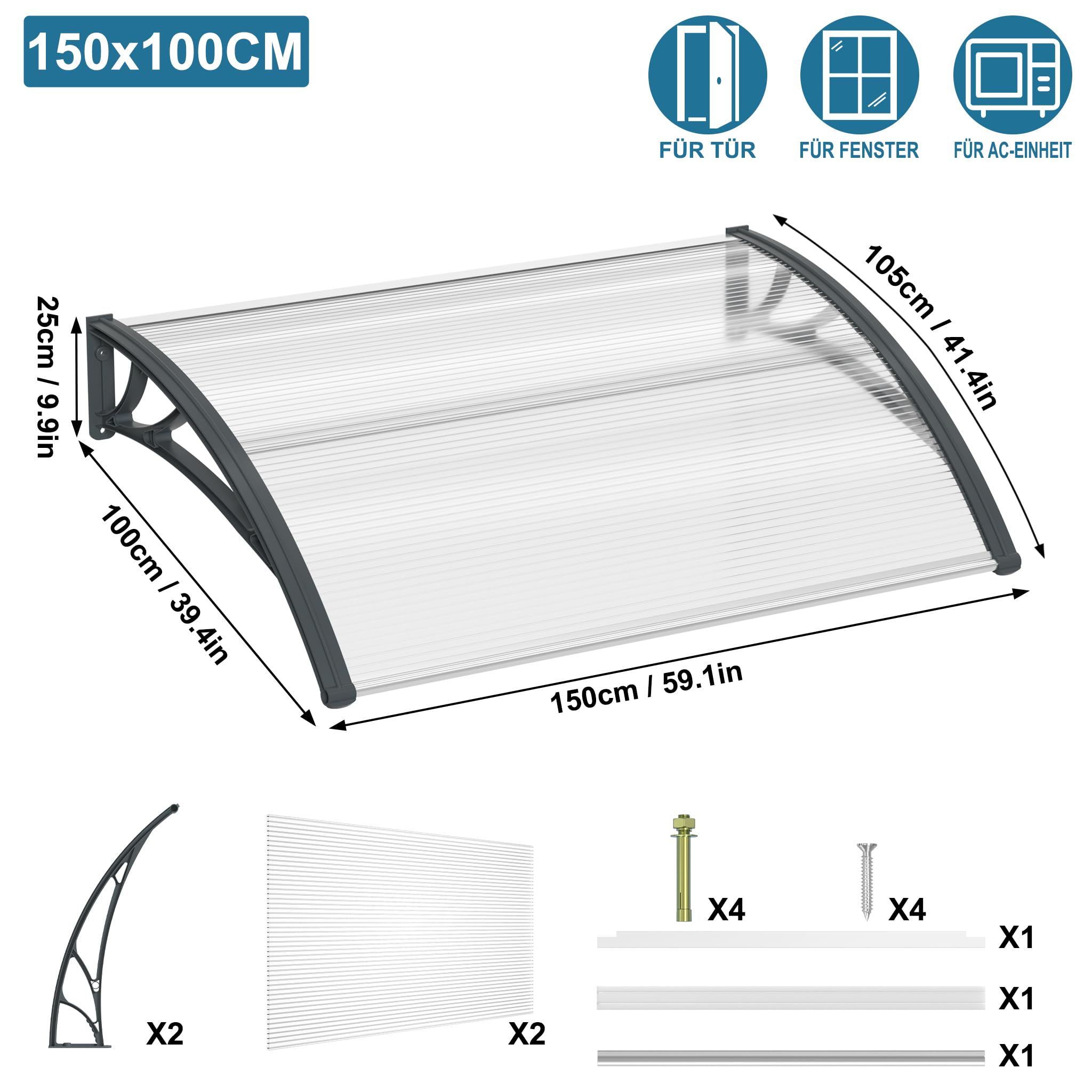 Froadp 100x150cm Marquesina para Puerta, Toldos de Policarbonato, Semitransparente Tejadillo Exteriores de Protección para contra la Lluvia Nieve y los Rayos UV, Toldos para Ventanas de Patio(Gris)