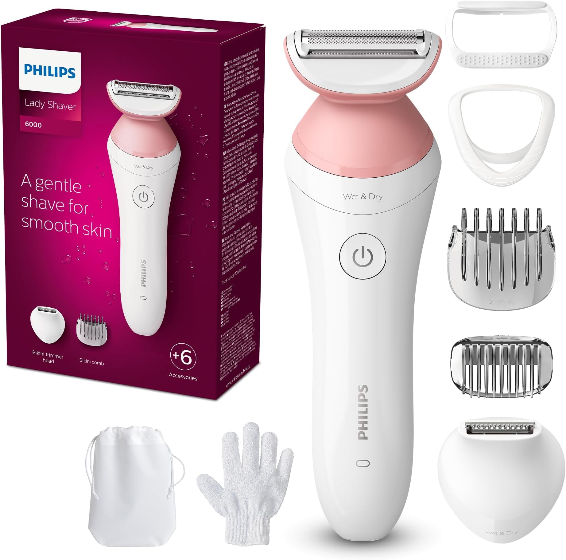 Philips Lady Shaver Series 6000 Wireless Razor with 6 Accessories Body Exfoliating Glove, Bikini Zone Trimmer (Model BRL146/00), White/Pink