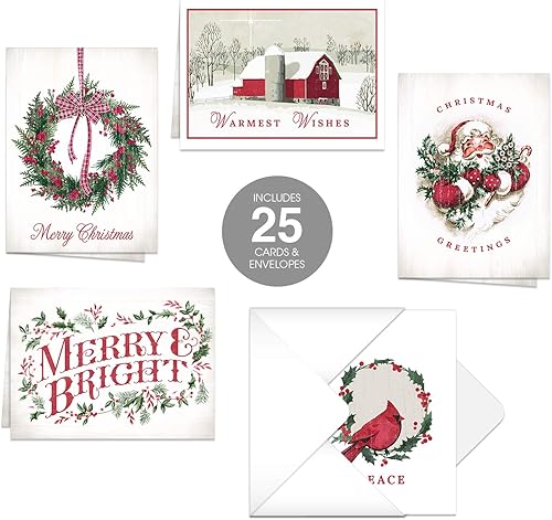 Miniatura 1 de Tarjetas navideñas clásicas  25 tarjetas navideñas con sobres blancos  5 diseños retro de Navidad  tarjetas de felicitación navideñas de 4 58