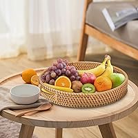 Vista 3 de Bandeja redonda de ratán con asas, cesta tejida a mano, bandeja organizadora de decoración del hogar para desayuno, té, aperitivos, frutas, café