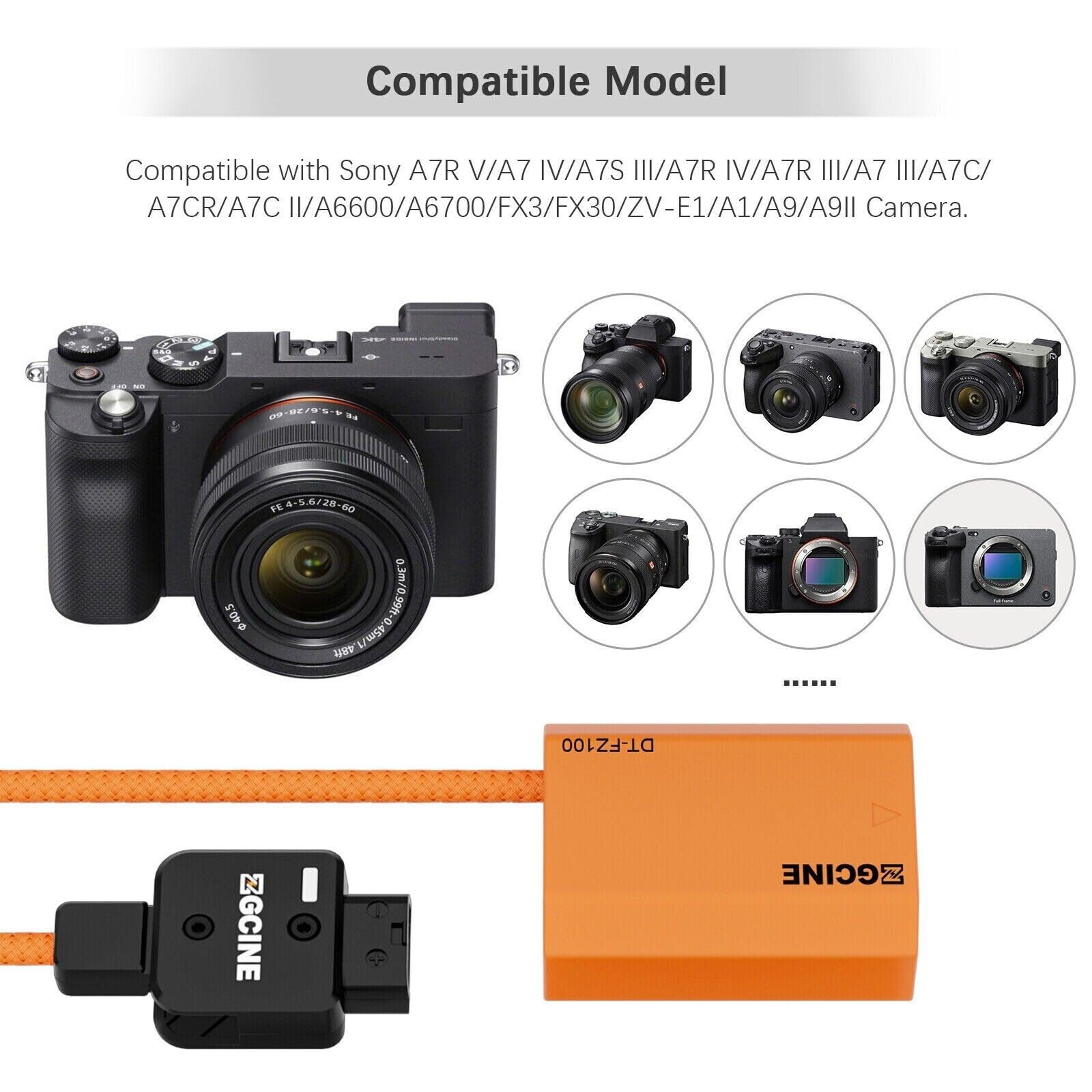 ZGCINE D-Tap to NP-FZ100 Dummy Battery for Sony, Connecteur D-Tap Rotatif à 180°, Sortie Régulée 8.4 V, Compatible avec Sony A7IV A7III A7SIII A7RV A7C II A6700 FX3 FX30 ZV-E1 ZV-E10II A1 A9III A9II