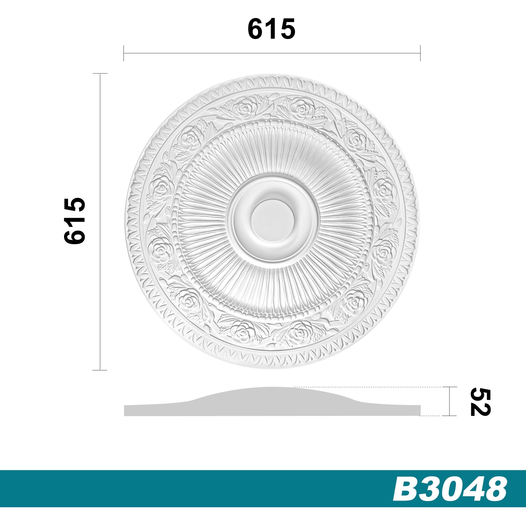 HEXIM Perfect Stuckrosette aus PU hartschaum - Deckenrosette weiß, Zierelement, Stuck (B3048, Ø 615mm) Dekorbau Wand Deckenstuck Wandstuck rund