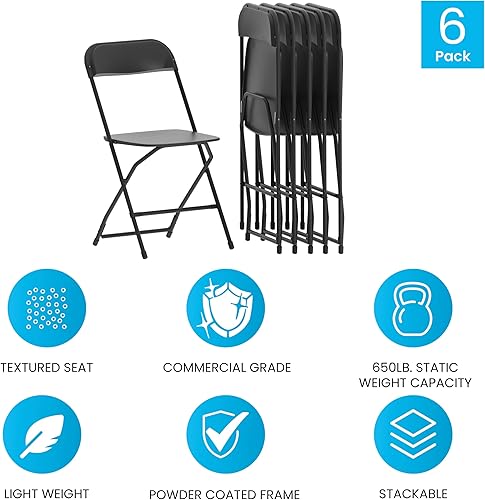 Miniatura 7 de EMMA + OLIVER Juego de 6 sillas de plástico plegables apilables negras, capacidad de peso de 650 libras