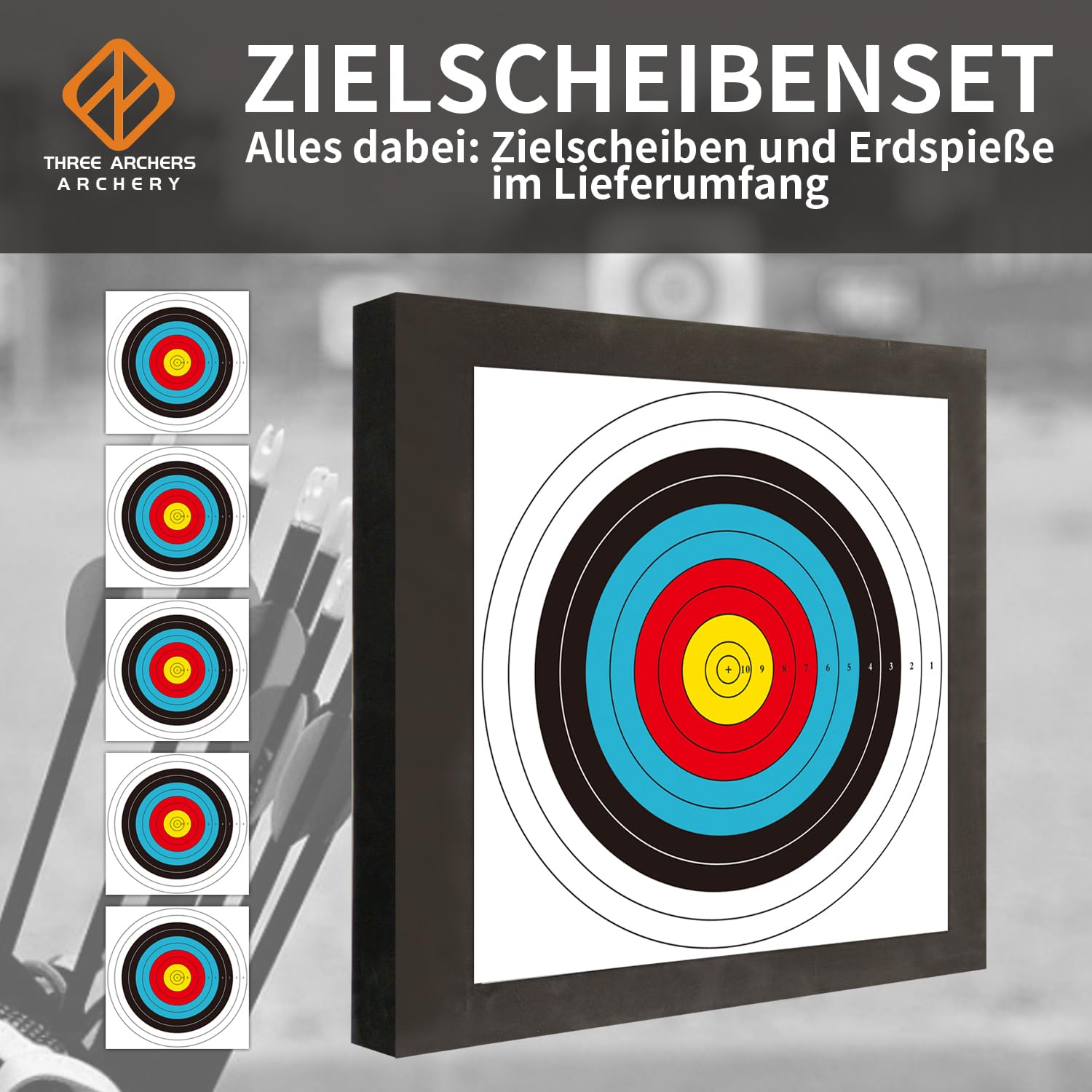 THREE ARCHERS Obiettivo per tiro con l'arco, 50 x 50 cm, disco in schiuma ad alta densità leggero e durevole, con 5 cuscinetti e 4 chiodi a disco per lo sport ad arco