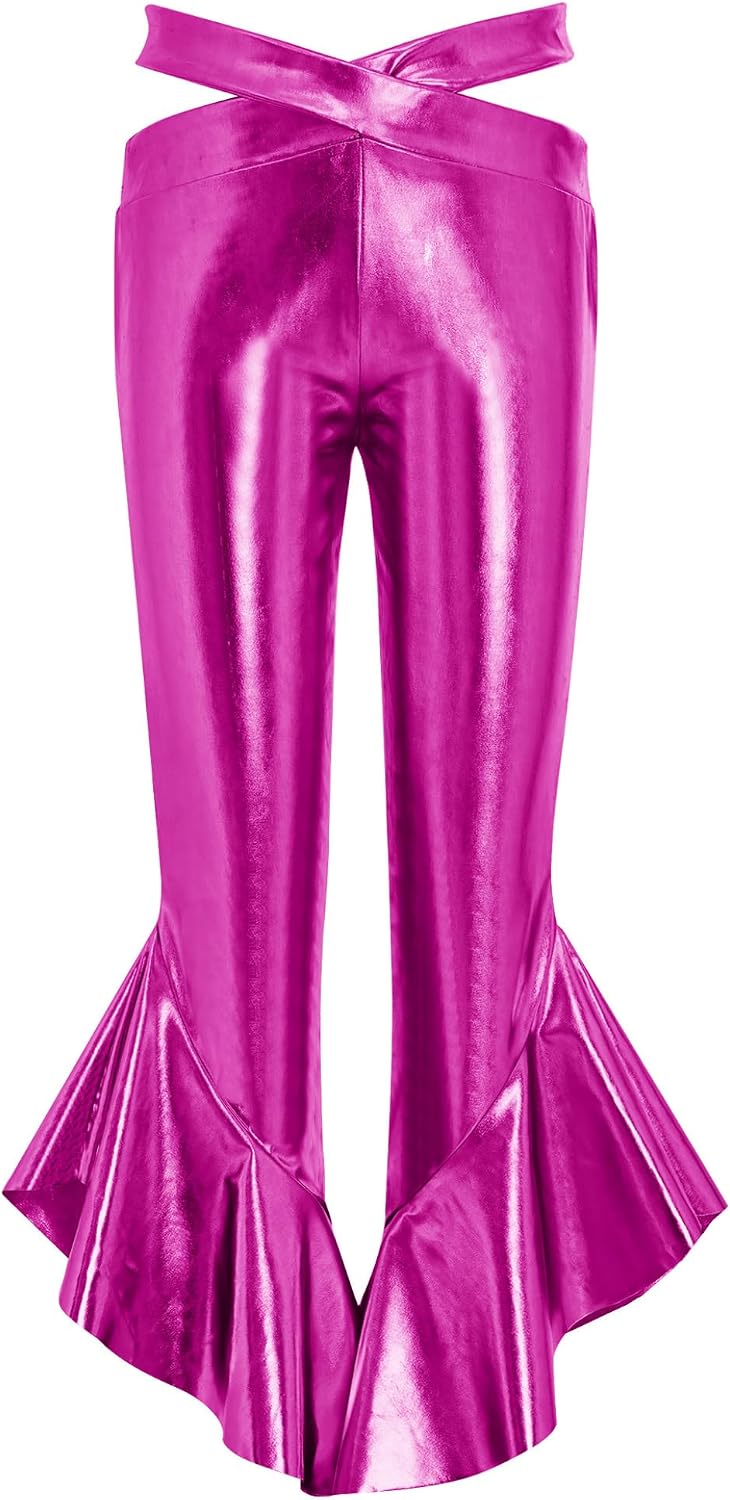 Shinsto Girls Jazz Latin Dance Performance Outfit Sequin Tassel Cap Sleeves Vest with Metallic Flared Pants Hot Pink 14 Years