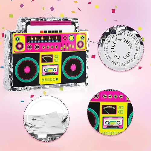 Miniatura 5 de Waenerec Piñata Boombox con palillo de piñata y lazo para colgar, estilo retro de los años 90, hip hop, juego de piñata mexicana para fiesta de
