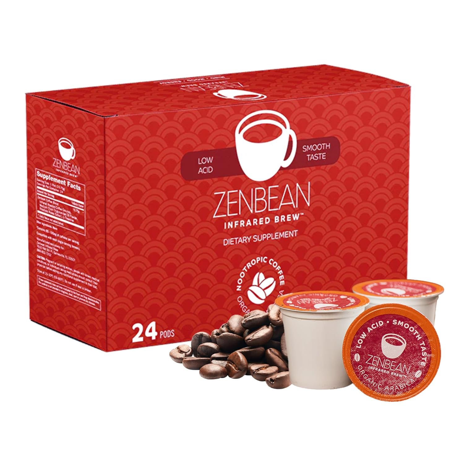 Zenbean Infrared Brew - 24 Low Acid Coffee Pods, Nootropic Coffee Capsules with Rhodiola Rosea, K-Cup Compatible with Capsule Machines, Balanced Flavor, Helps Improve Focus & Alertness